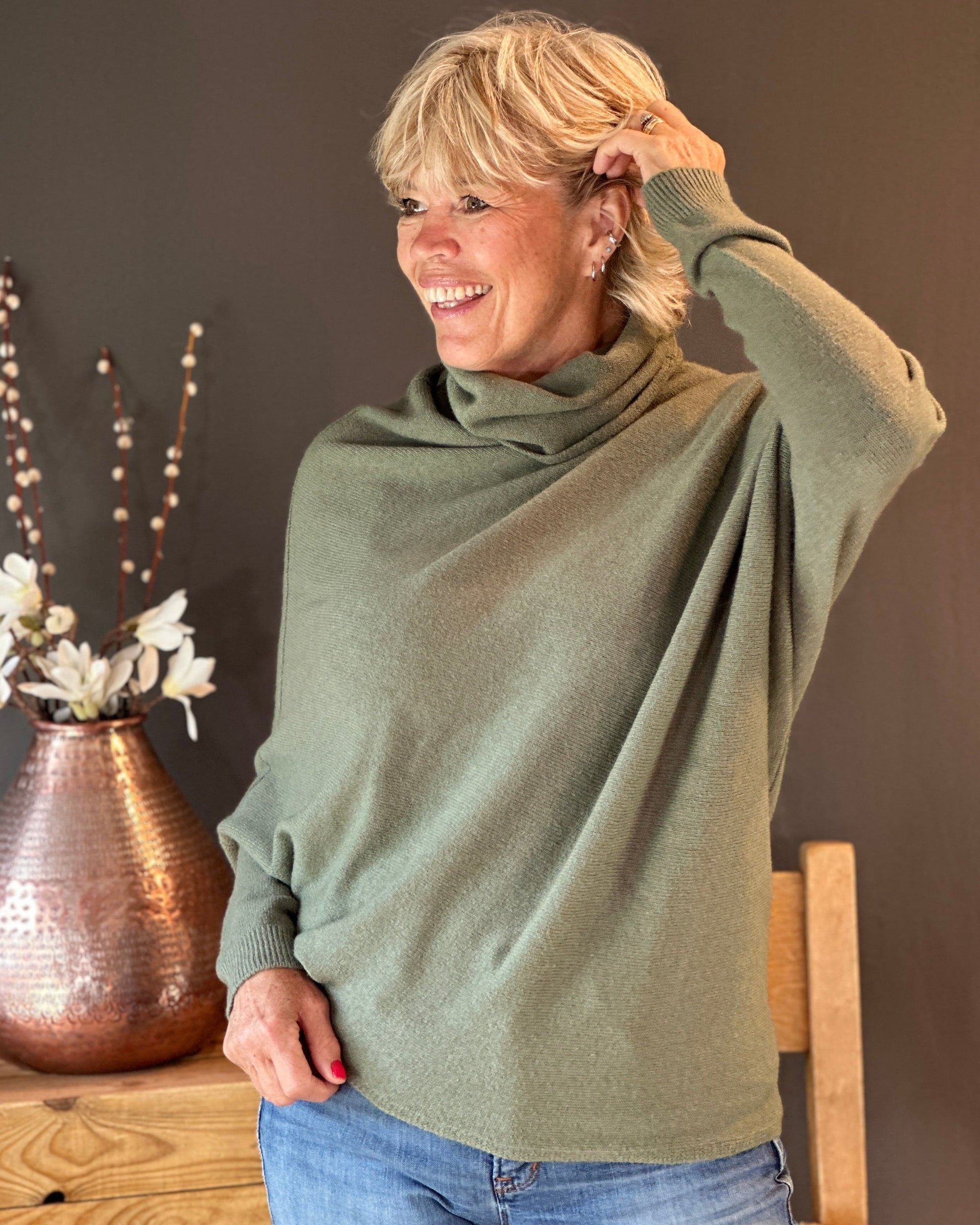 clothing Asymmetric Draped Roll Neck Jumper - Sage