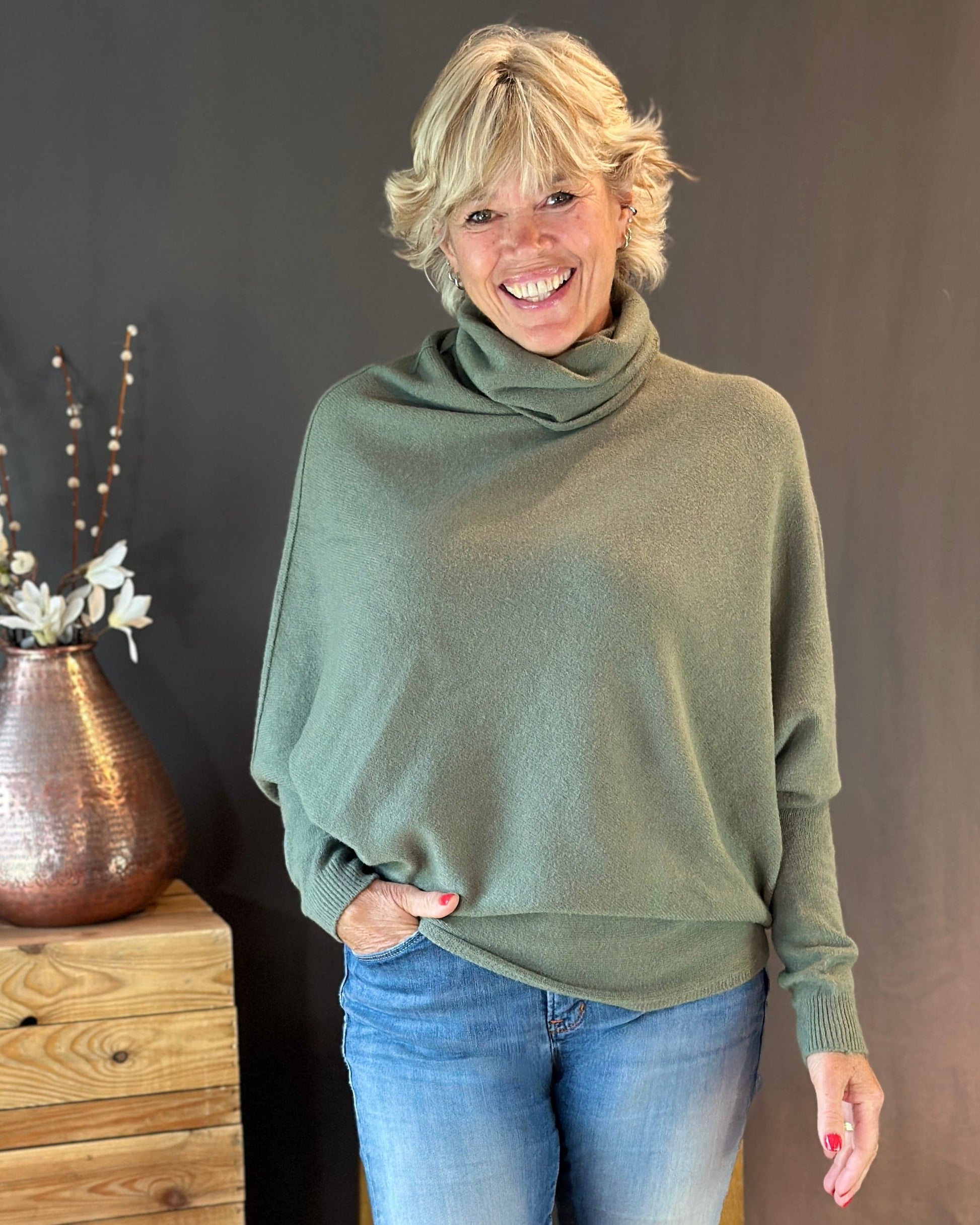 clothing Asymmetric Draped Roll Neck Jumper - Sage