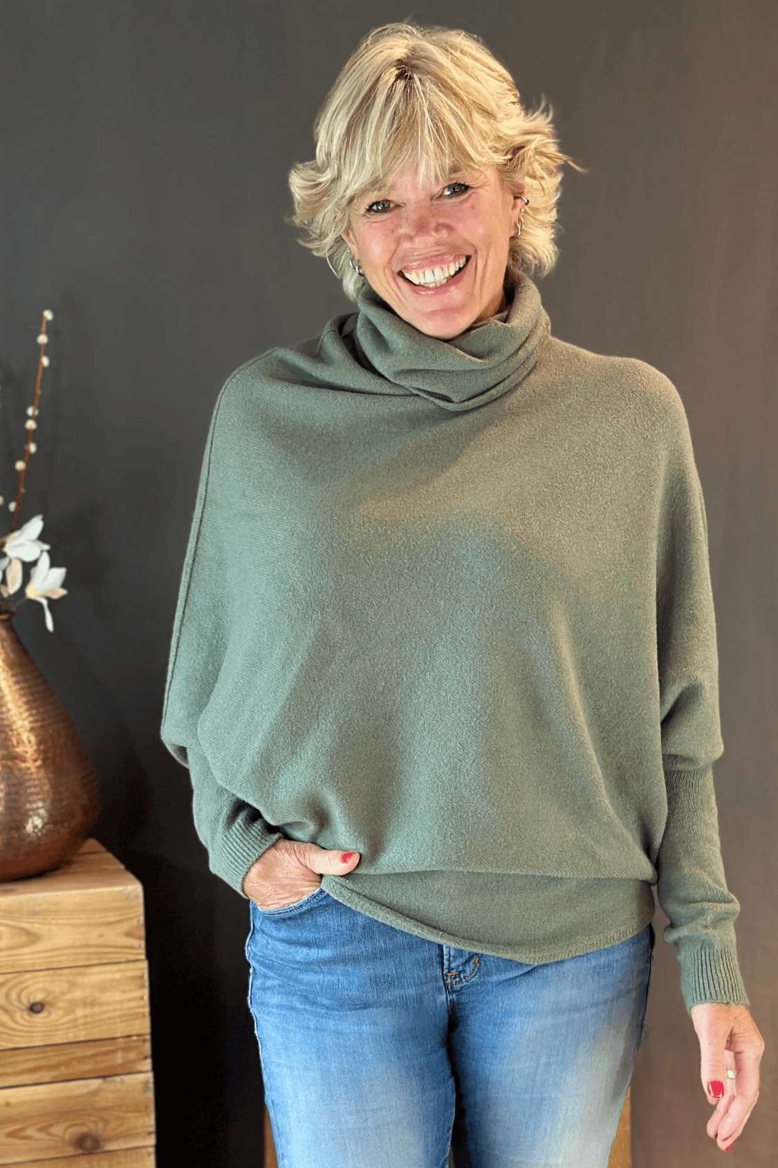 clothing Asymmetric Draped Roll Neck Jumper - Sage