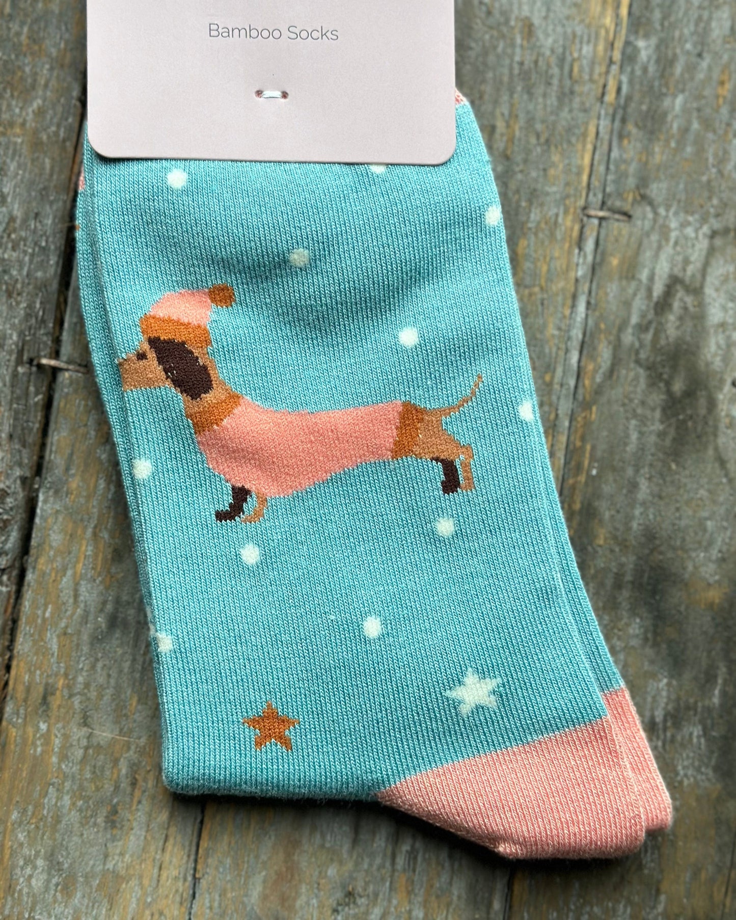 Clothing Bamboo Socks - Festive Dachshunds Duck Egg