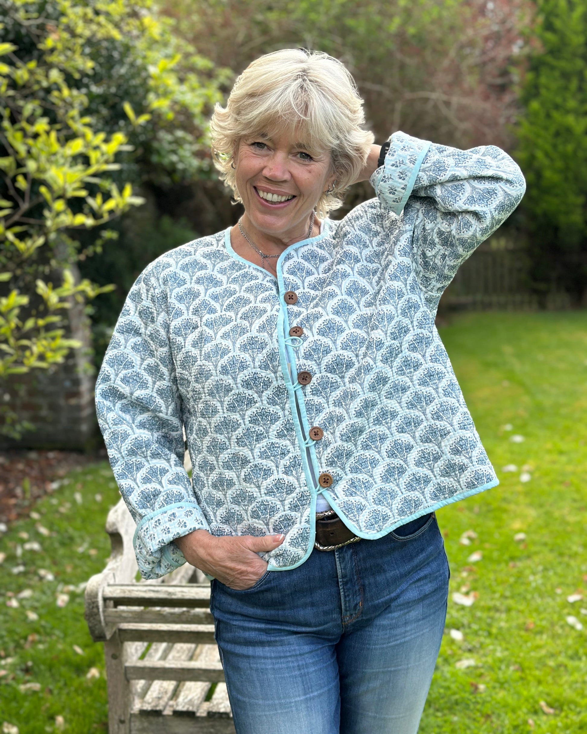 Clothing Block Print Reversible Quilted Jacket - Pale Blue Floral