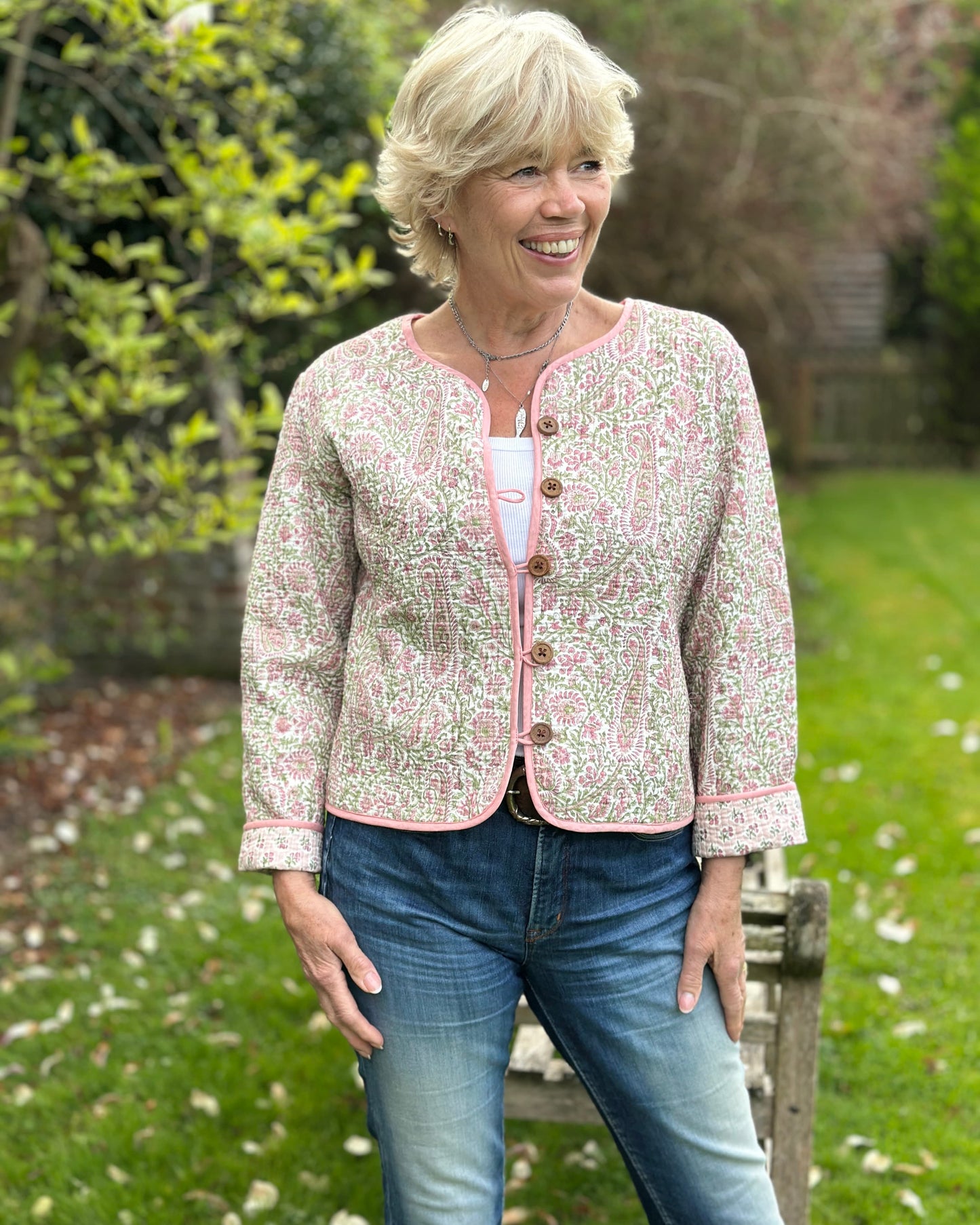Clothing Block Print Reversible Quilted Jacket - Pink Floral