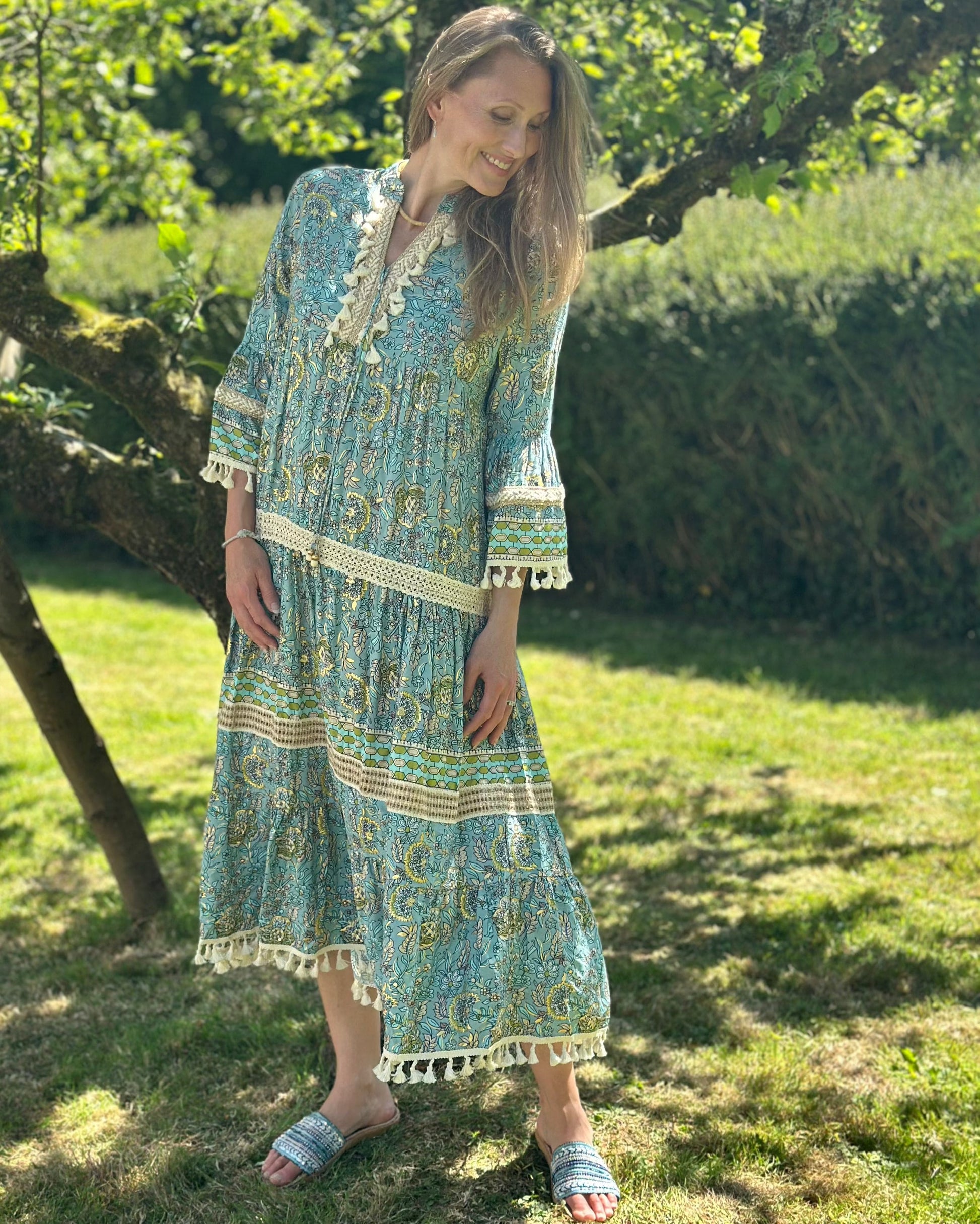 Clothing Bohemian Print Lace Dress With Tassels