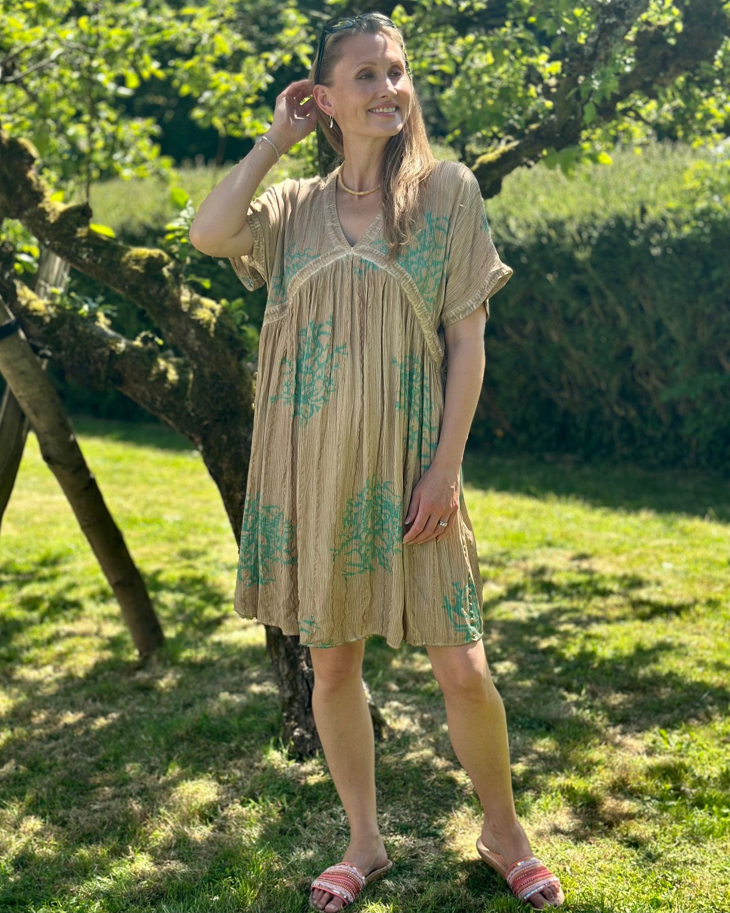 Clothing Boho Coral Dress - Taupe/Turquoise