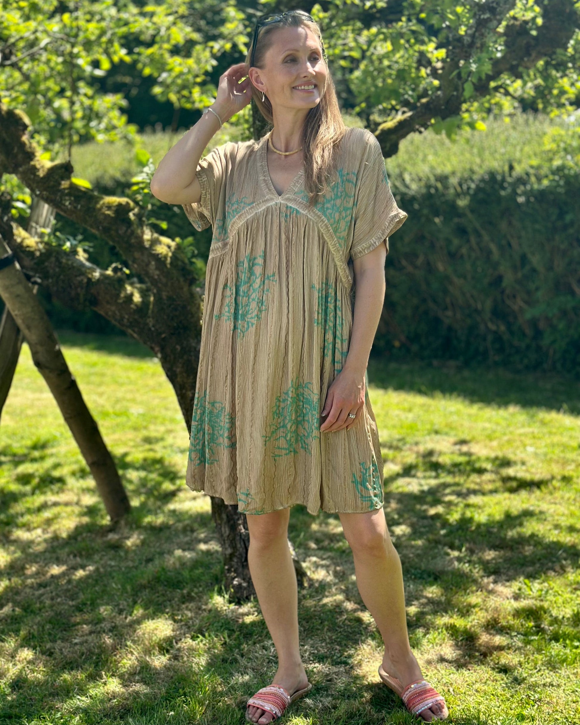 Clothing Boho Coral Dress - Taupe/Turquoise