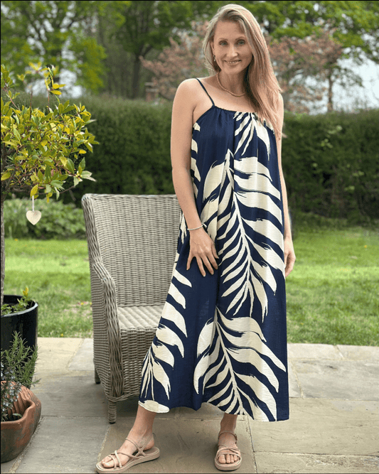 Clothing Bold Leaf Print Strap Dress - Navy