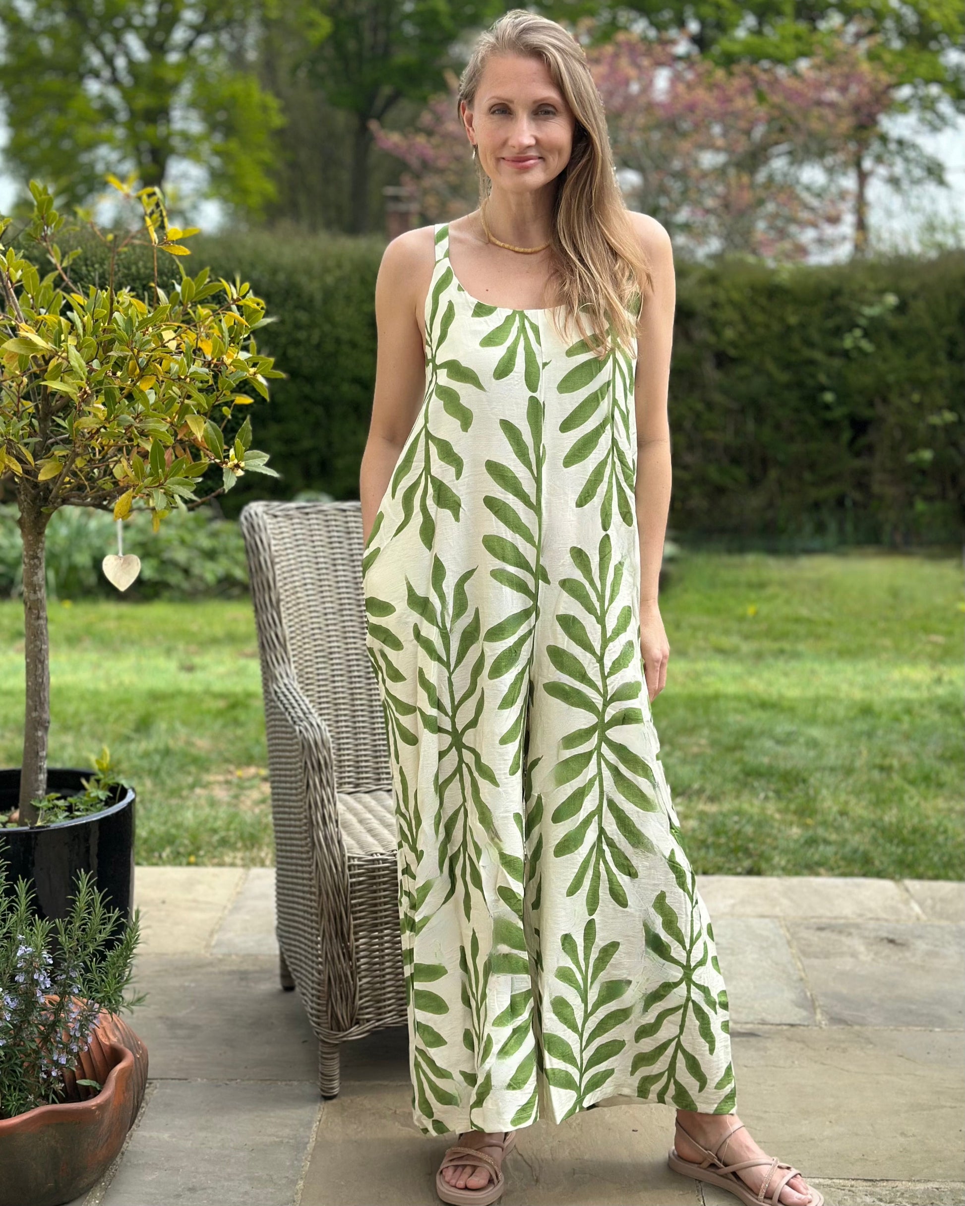 Clothing Bold Leaf Print Strap Jumpsuit - Green/Cream
