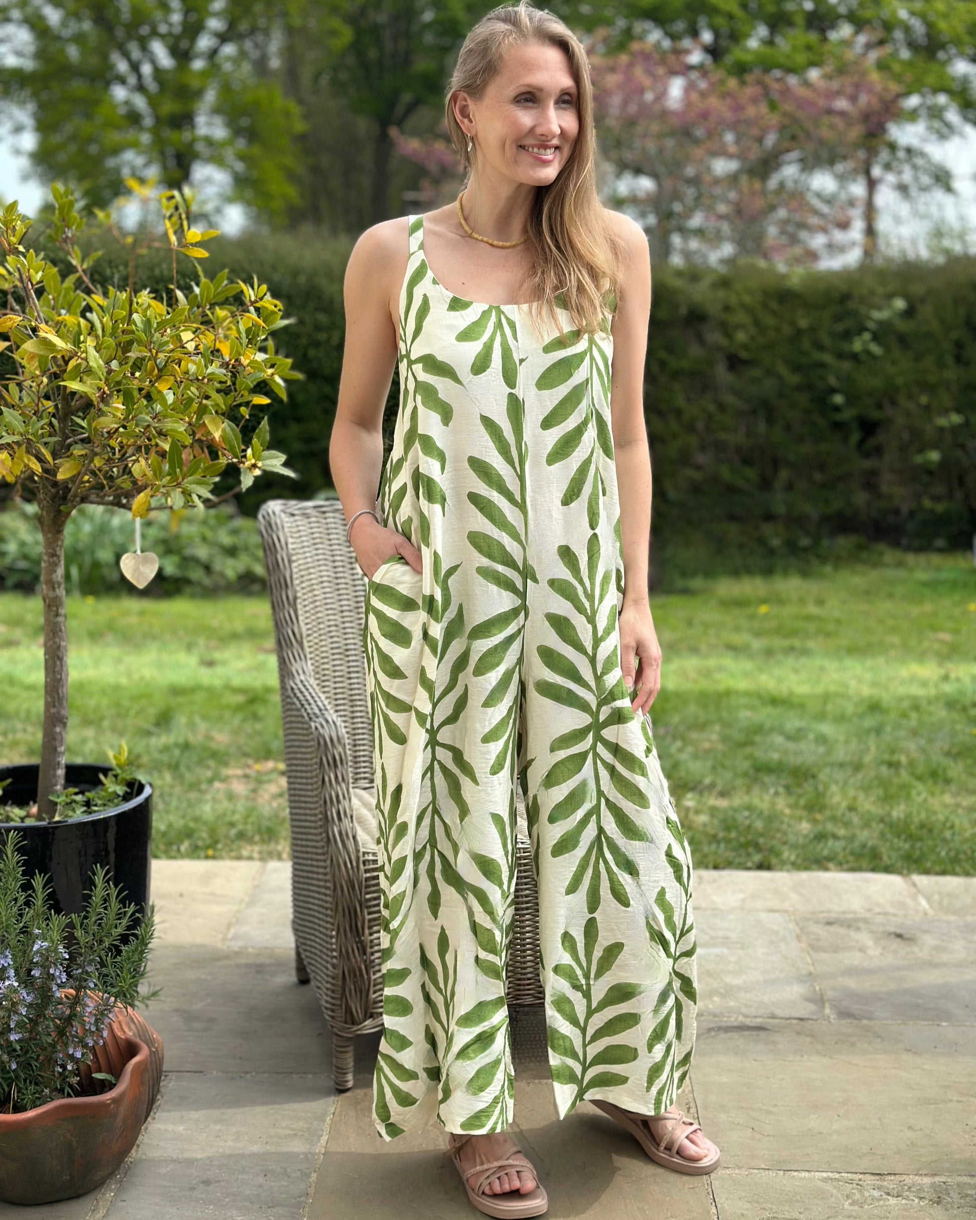 Clothing Bold Leaf Print Strap Jumpsuit - Green/Cream