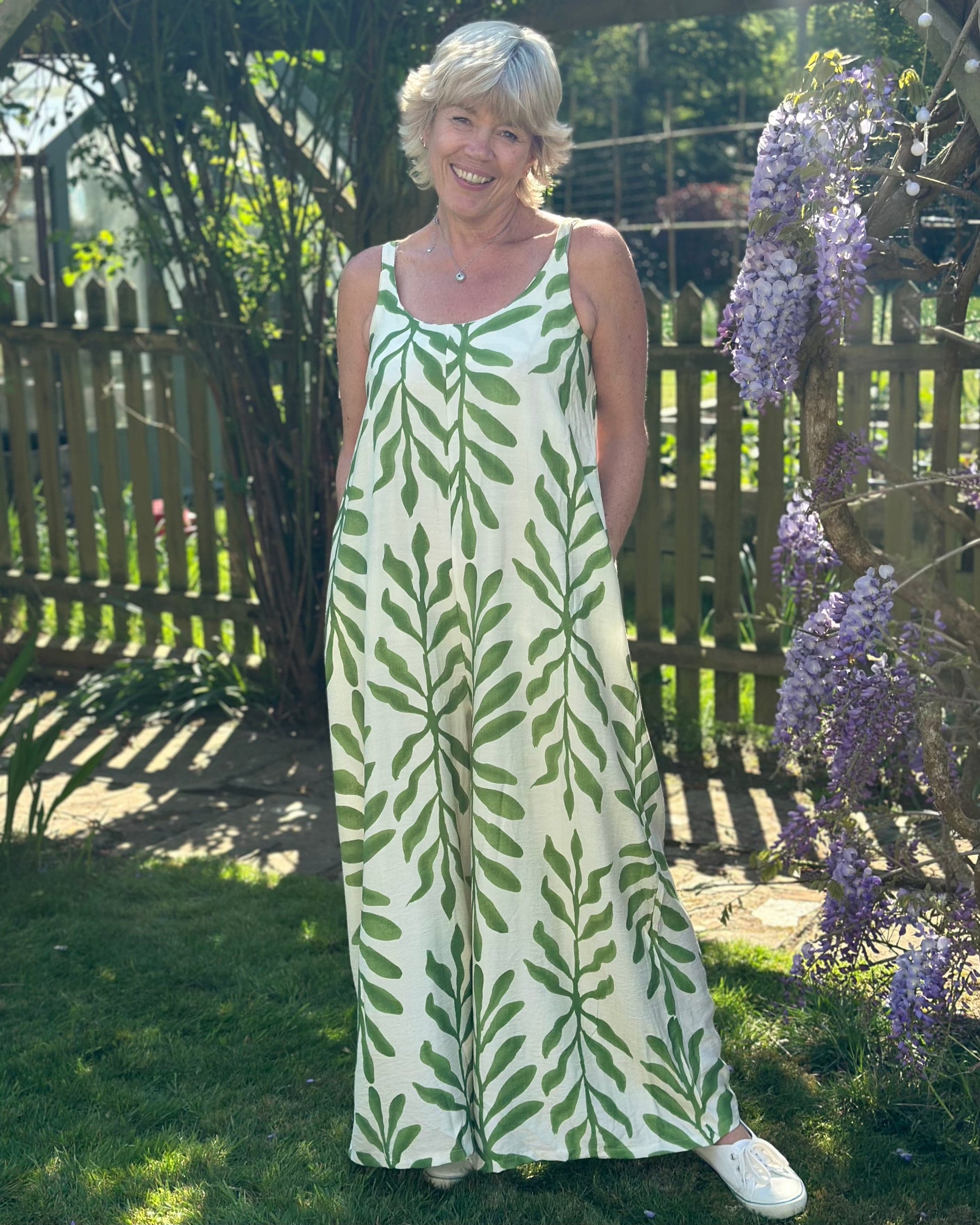 Clothing Bold Leaf Print Strap Jumpsuit - Green/Cream