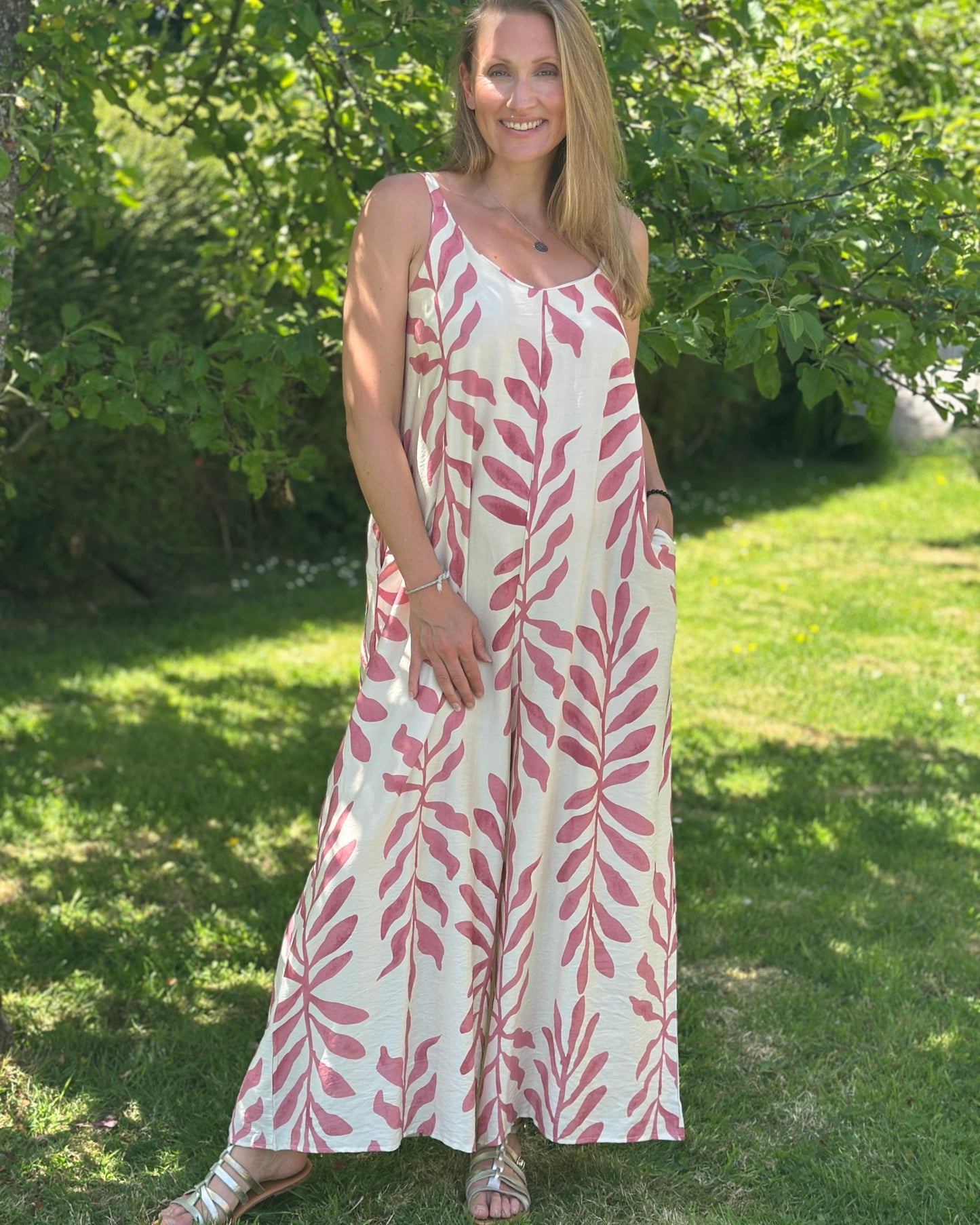 Clothing Bold Leaf Print Strap Jumpsuit - Pink/Cream