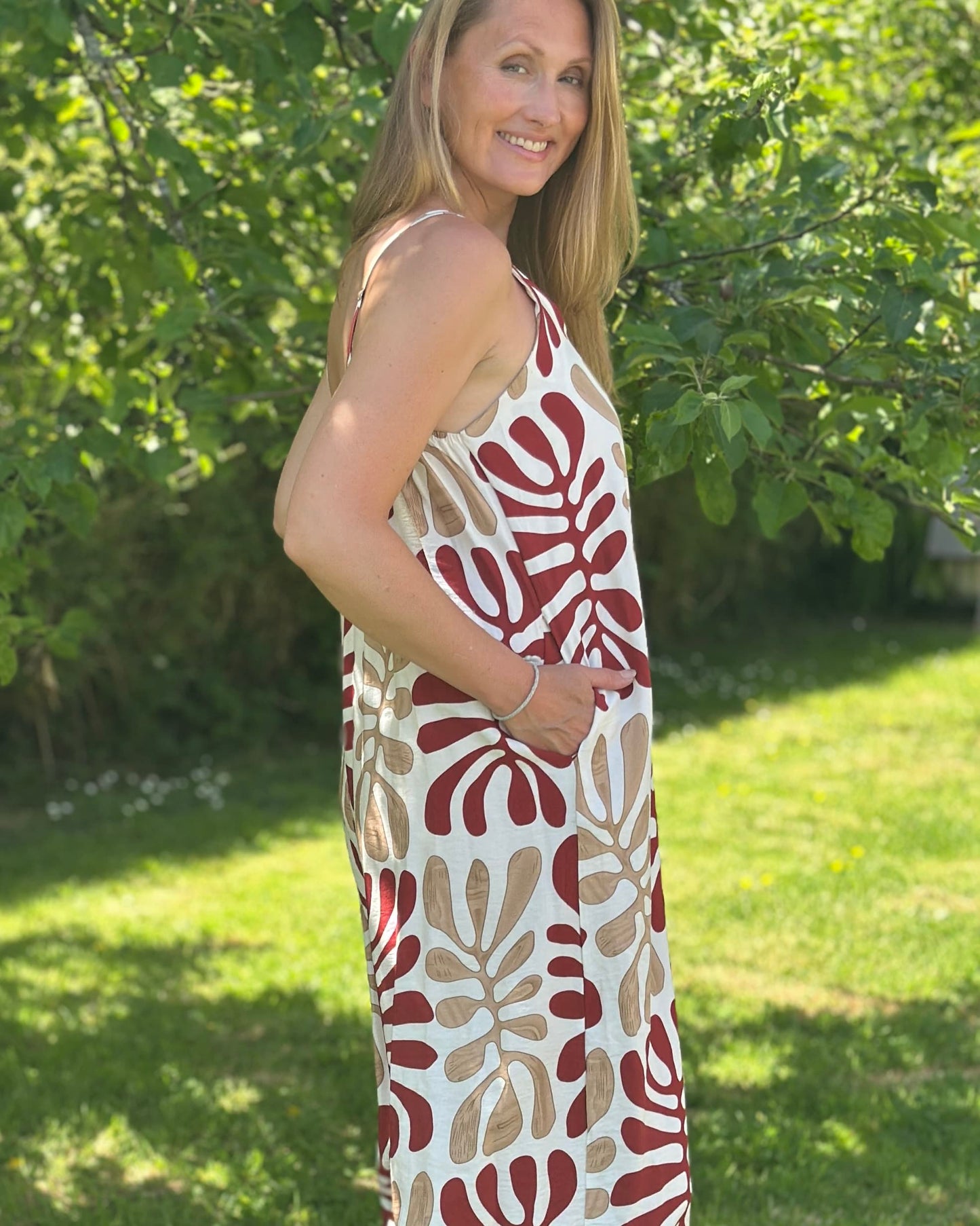 Clothing Bold Leaf Print Strap Jumpsuit - Taupe/Rust Red