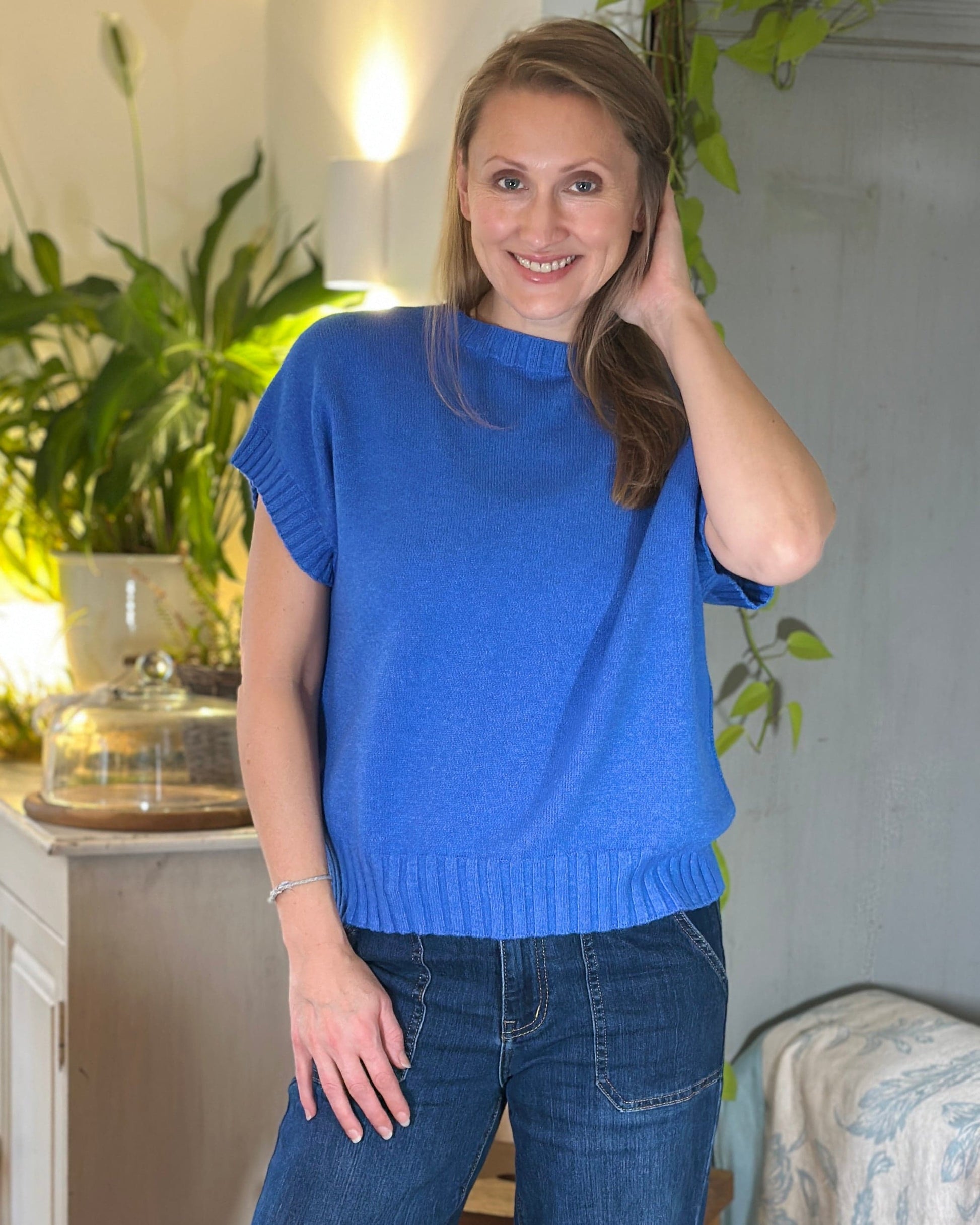 Clothing Boxy Ribbed Short Sleeve Jumper - Cornflower Blue