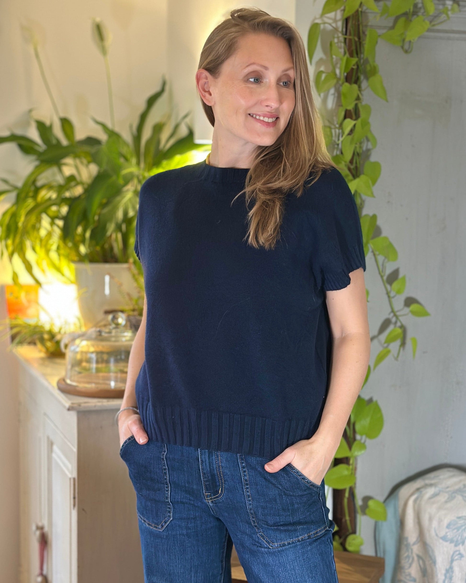 Clothing Boxy Ribbed Short Sleeve Jumper - Navy