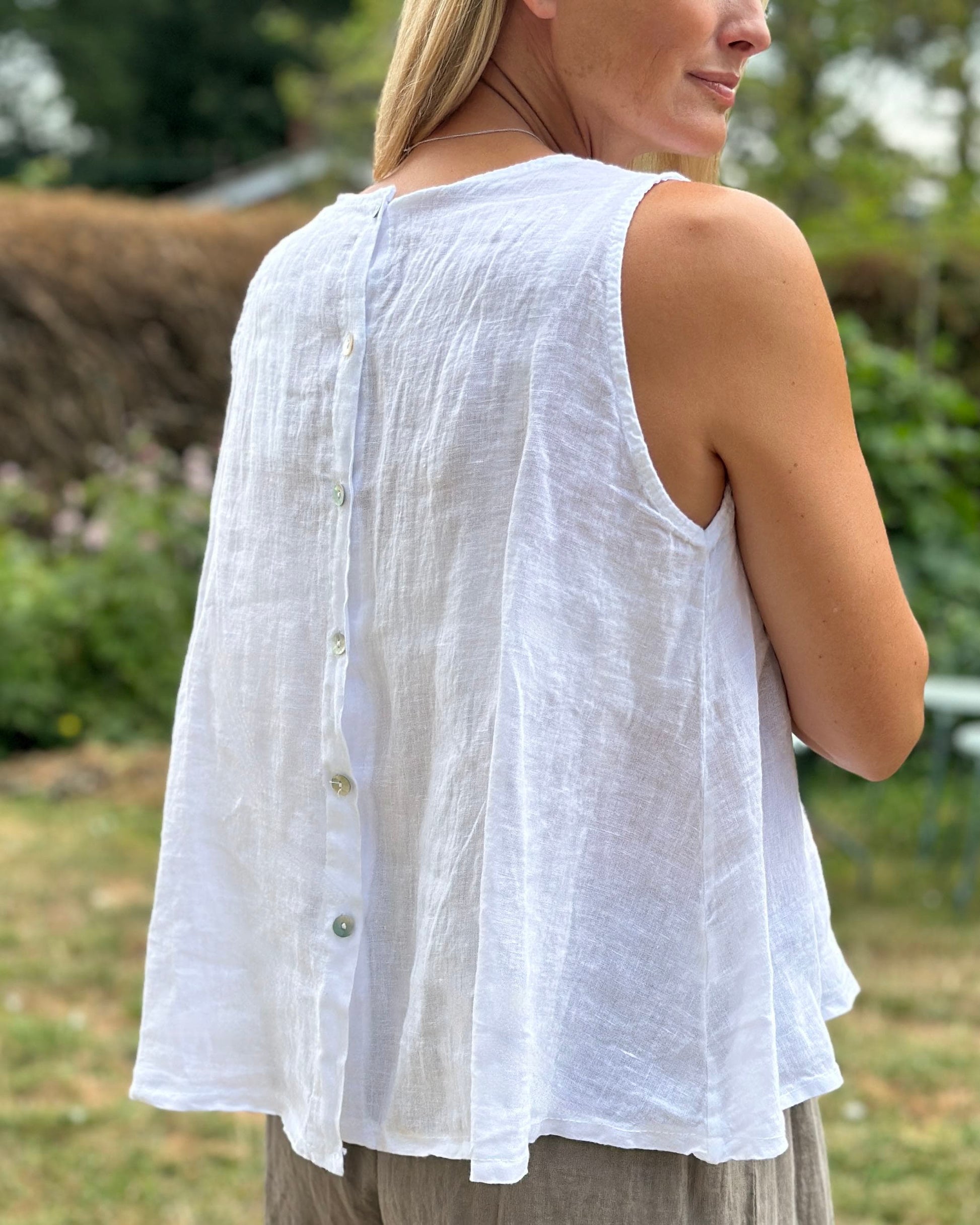 Clothing Button Back Linen Top - White