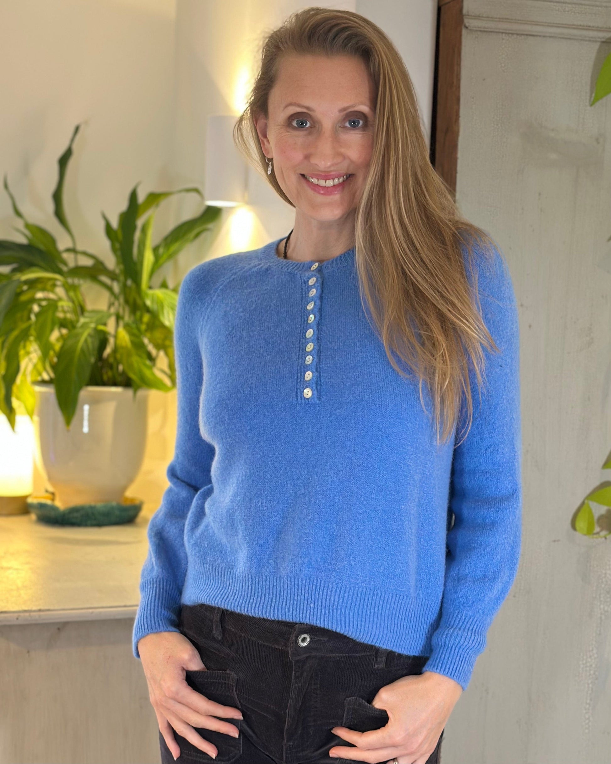 clothing Button Front Alpaca Jumper - Cornflower Blue
