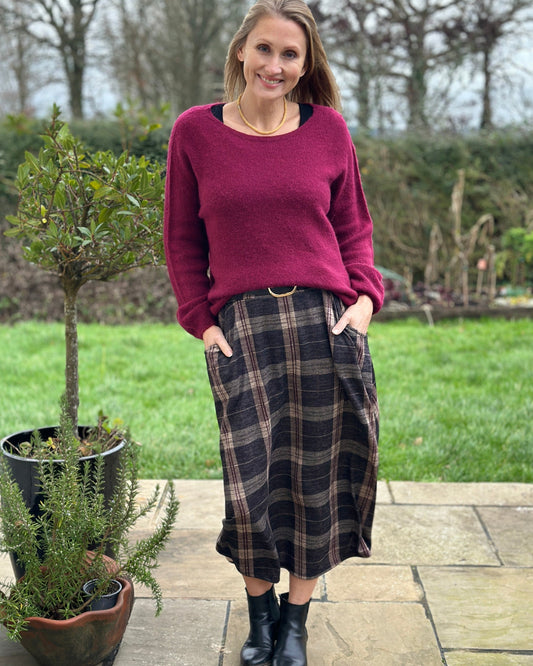 Clothing Check Skirt With Belt - Charcoal/Burgundy