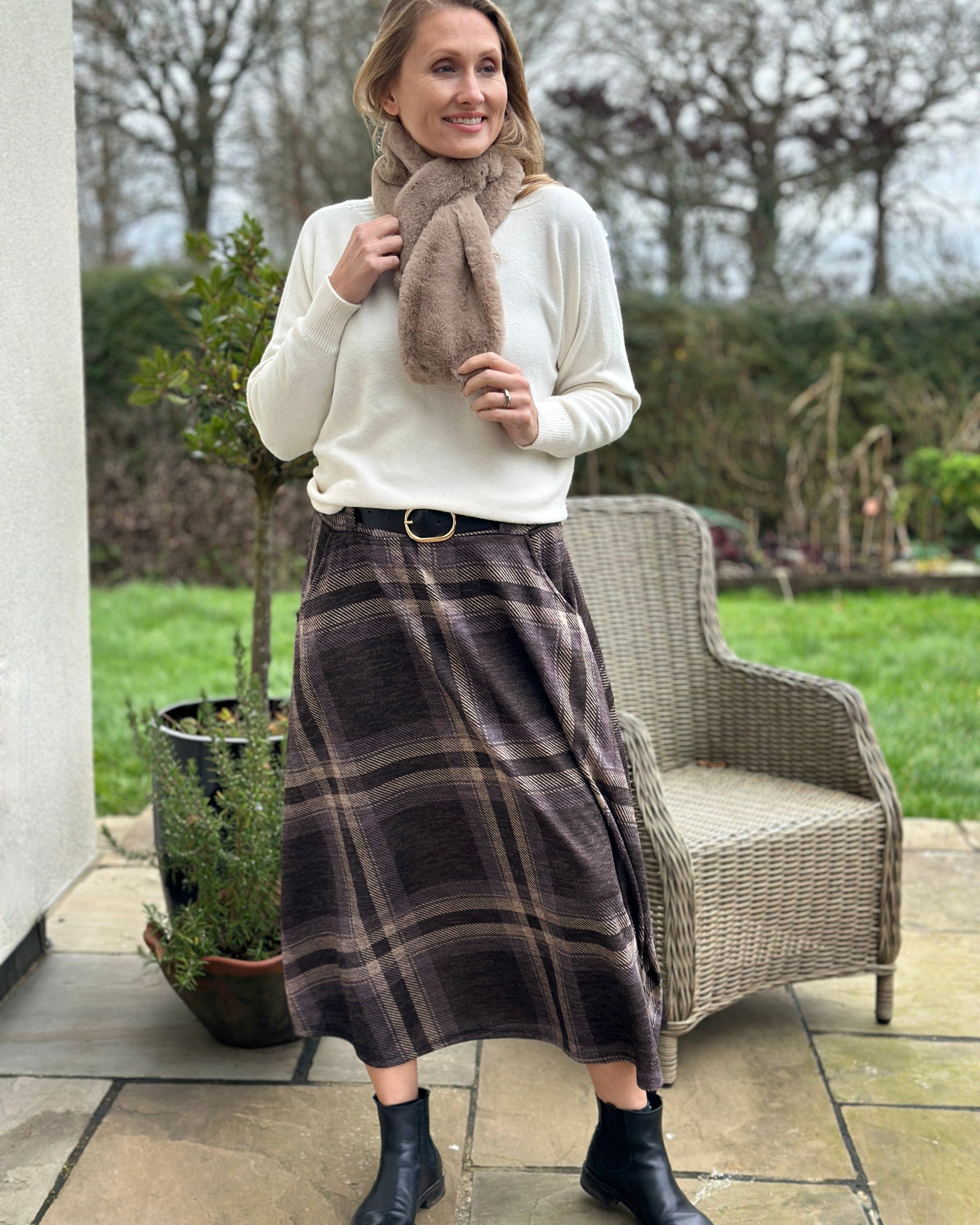 Clothing Check Skirt With Belt - Chocolate/Mocha