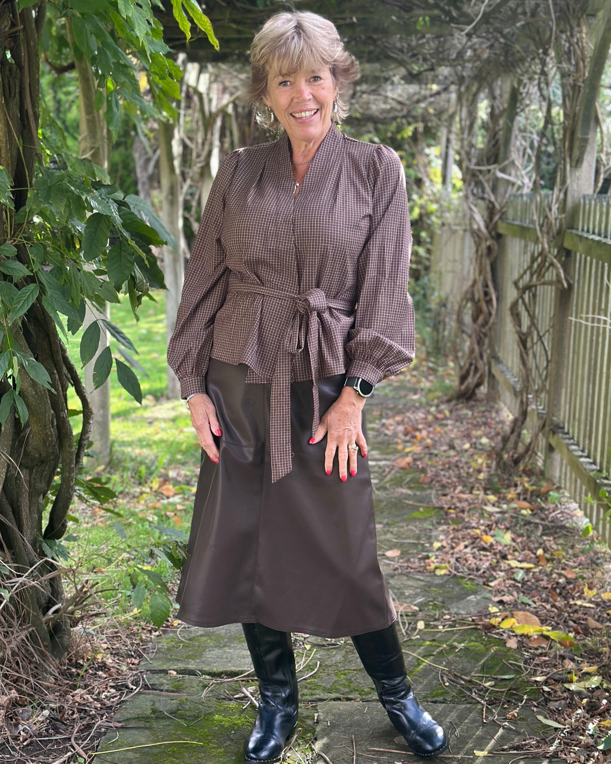 Clothing Check Wrap Blouse - Brown