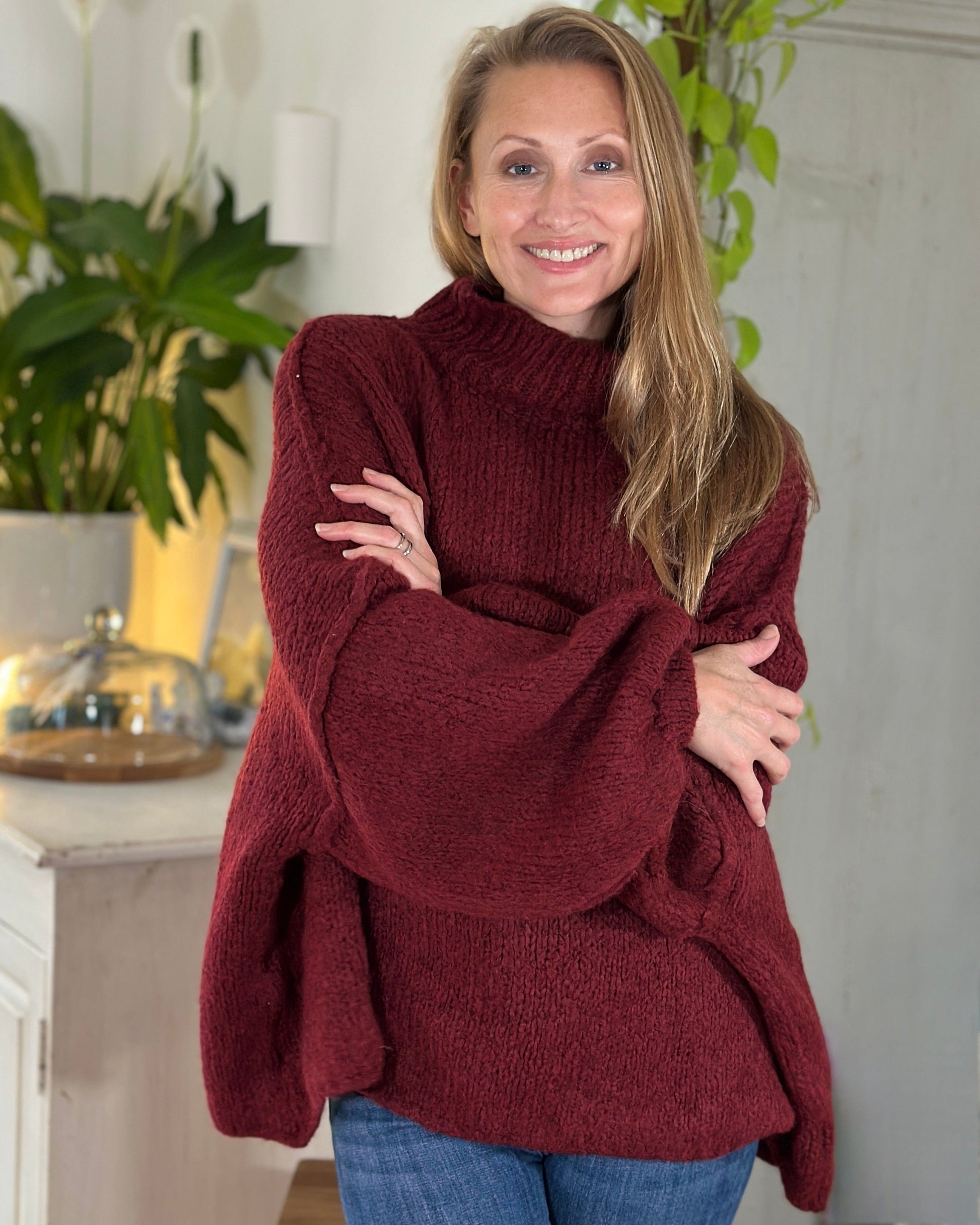 clothing Chunky Knit Balloon Sleeve Jumper - Burgundy