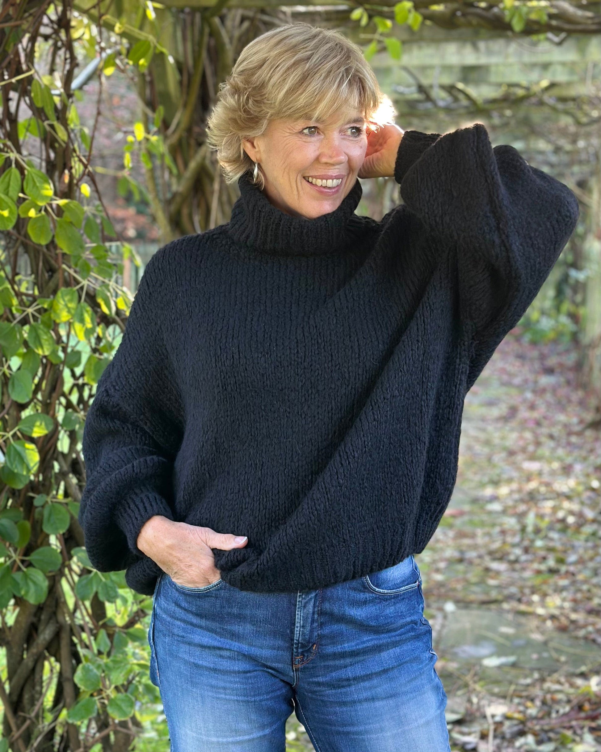 clothing Chunky Knit Roll Neck Balloon Sleeve Jumper - Black