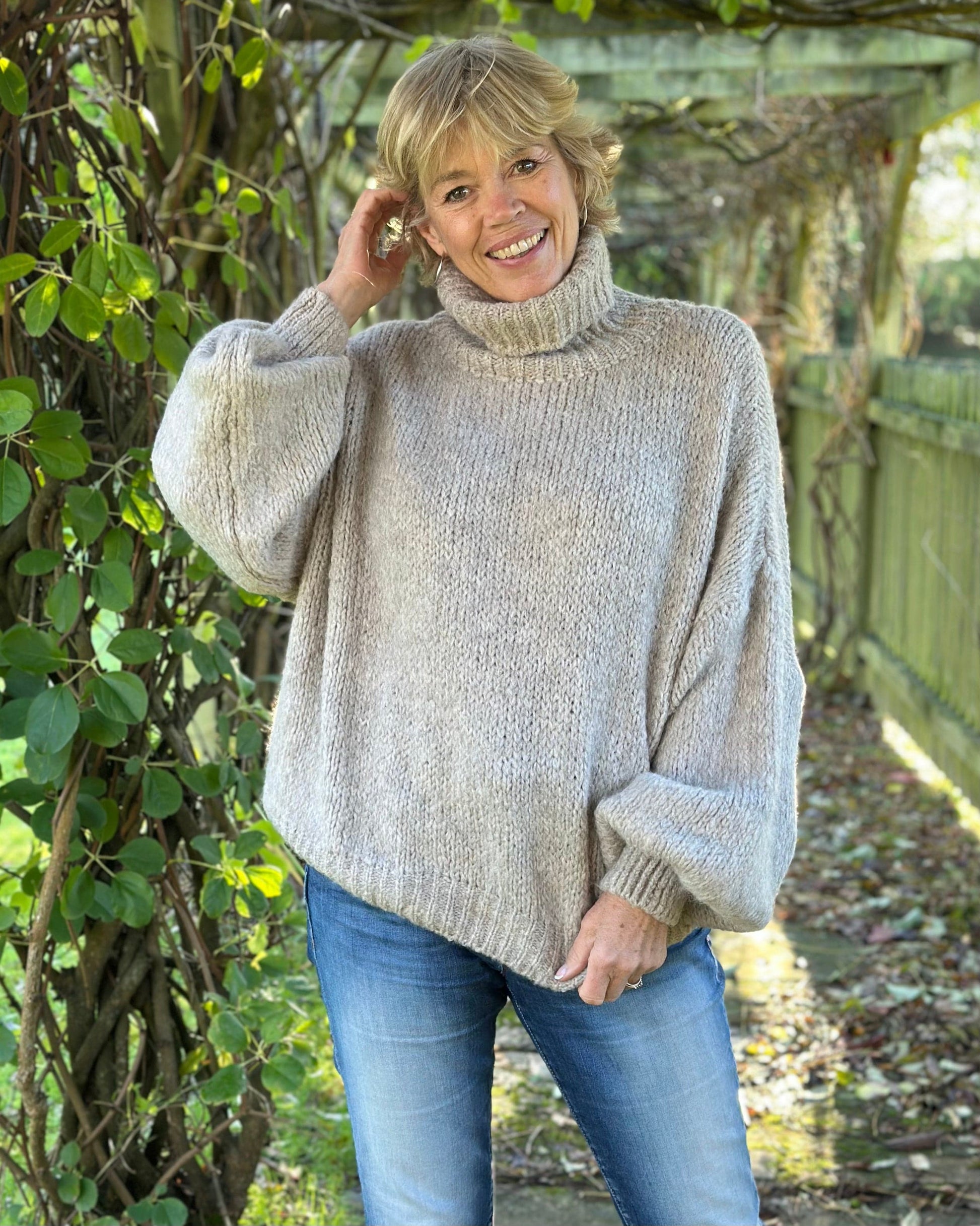 clothing Chunky Knit Roll Neck Balloon Sleeve Jumper - Oatmeal