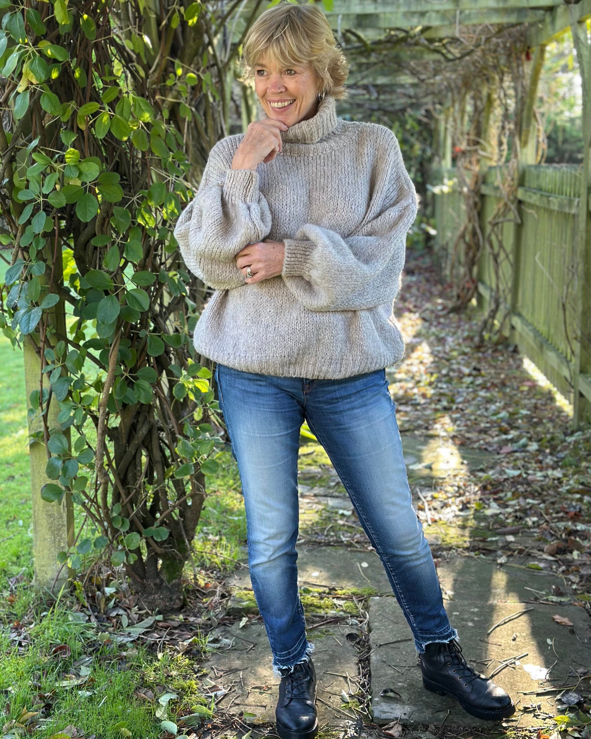 clothing Chunky Knit Roll Neck Balloon Sleeve Jumper - Oatmeal