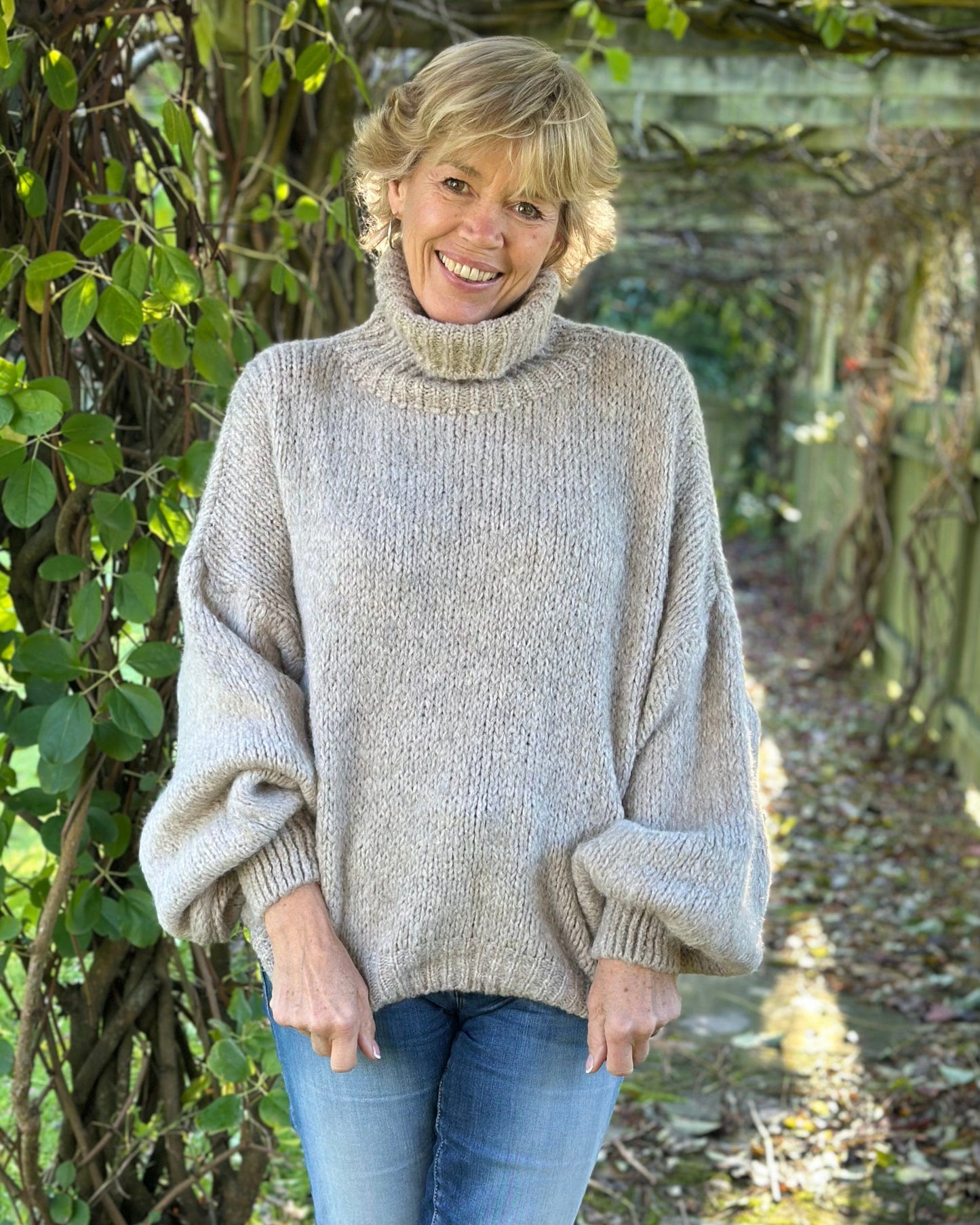 clothing Chunky Knit Roll Neck Balloon Sleeve Jumper - Oatmeal