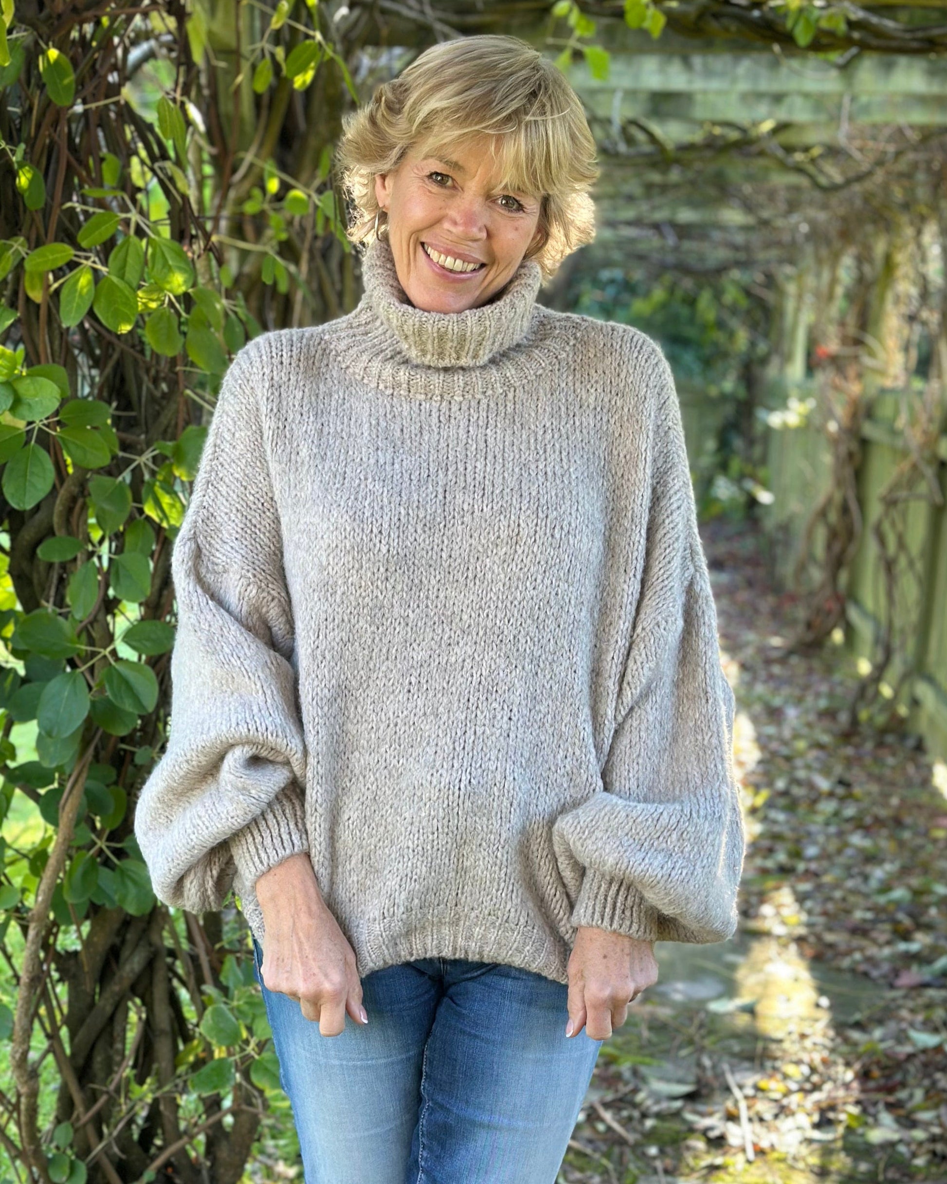 clothing Chunky Knit Roll Neck Balloon Sleeve Jumper - Oatmeal