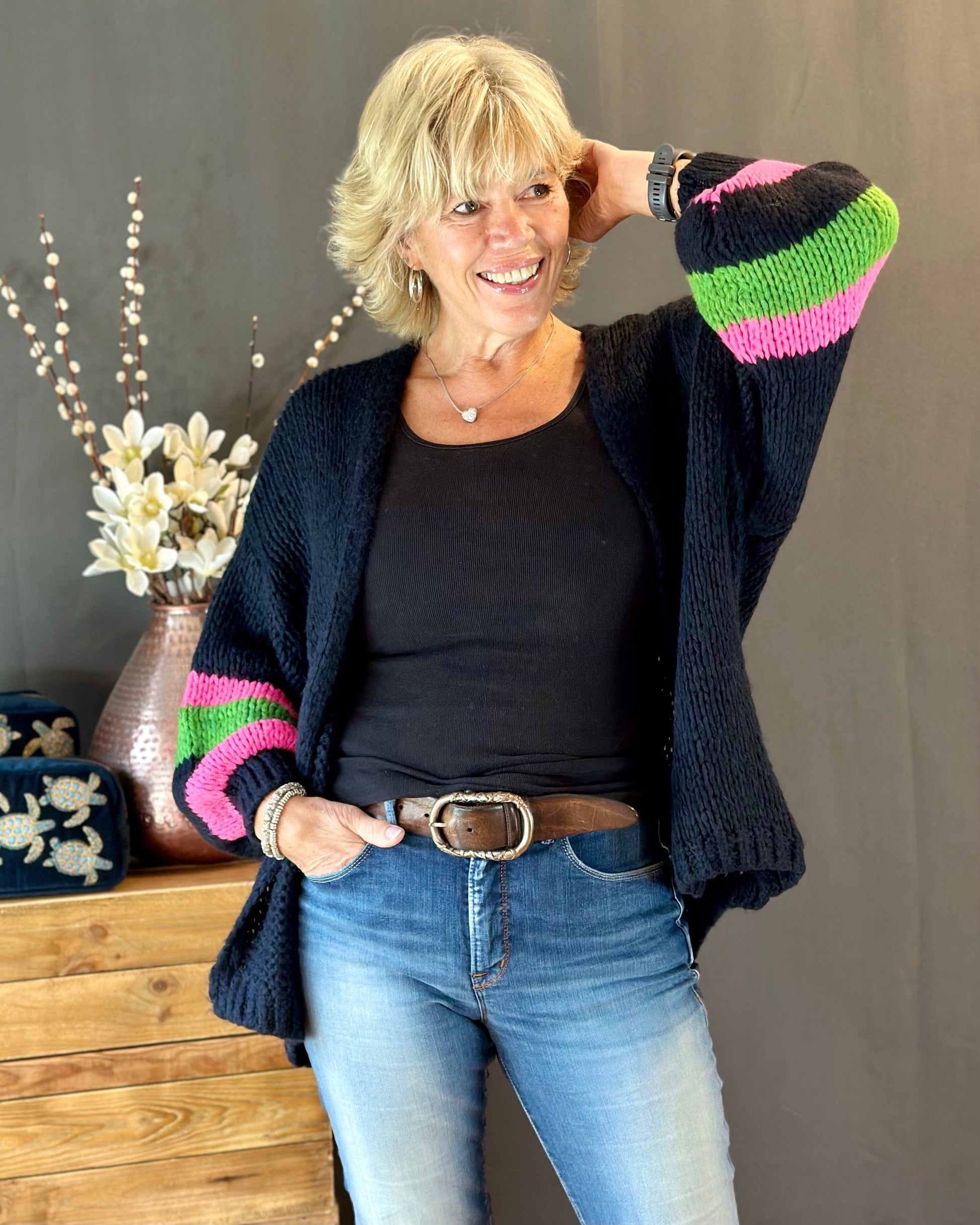 clothing Chunky Knit Stripe Sleeve Cardigan - Black