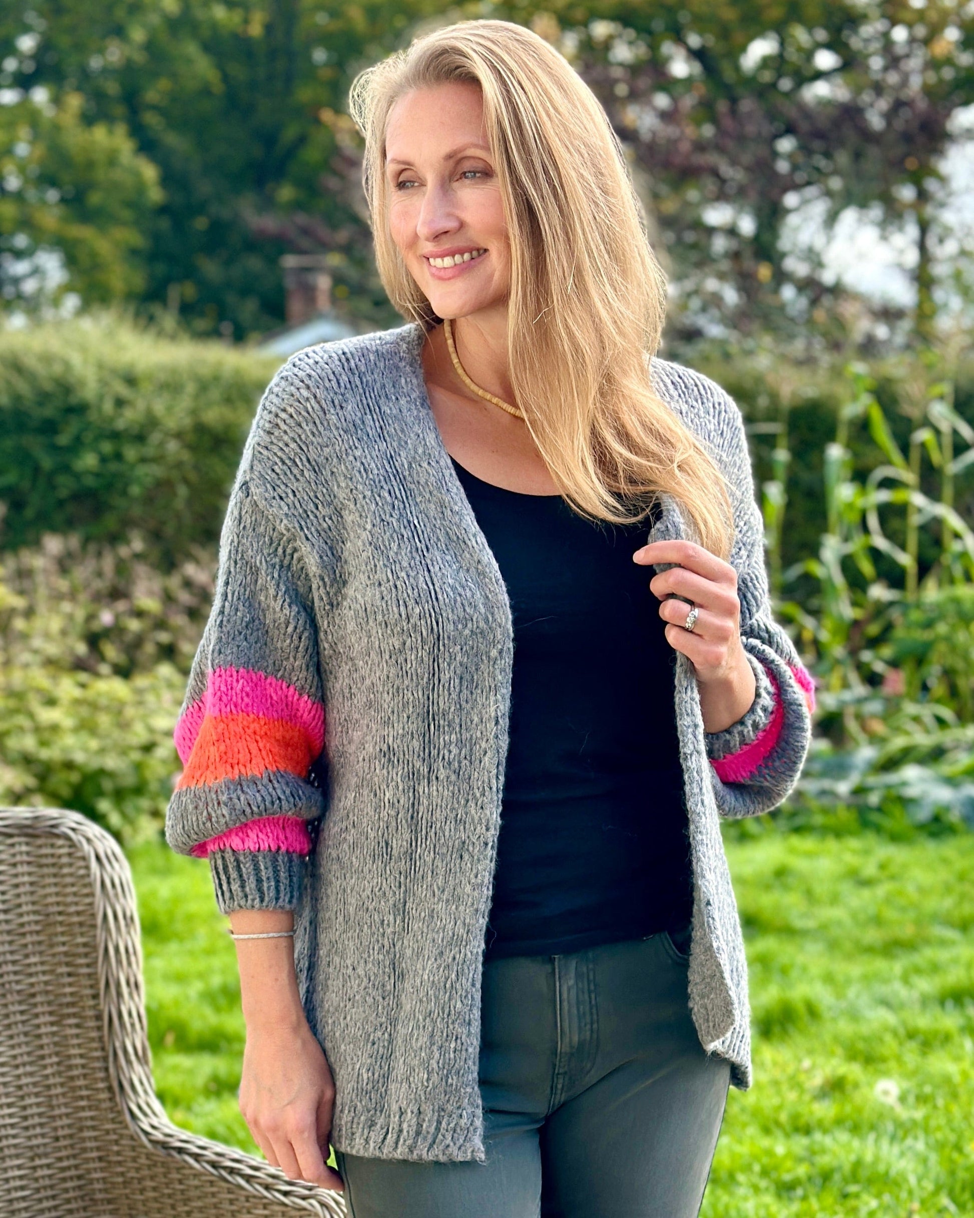 clothing Chunky Knit Stripe Sleeve Cardigan - Grey