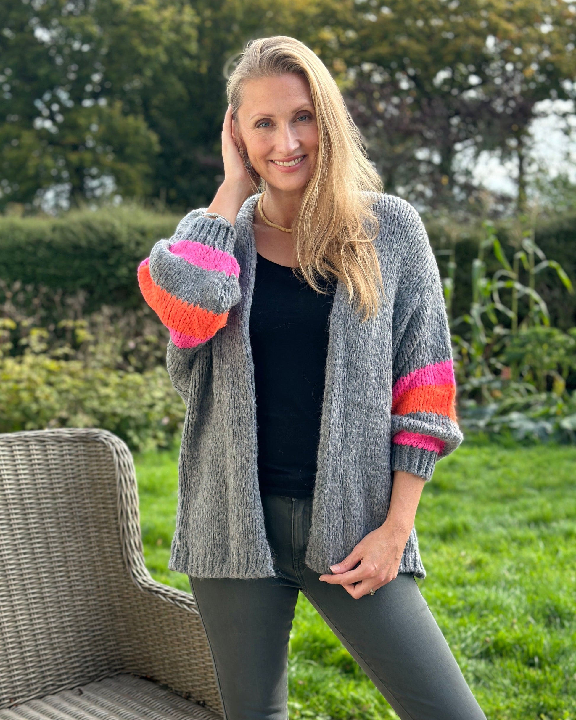 clothing Chunky Knit Stripe Sleeve Cardigan - Grey