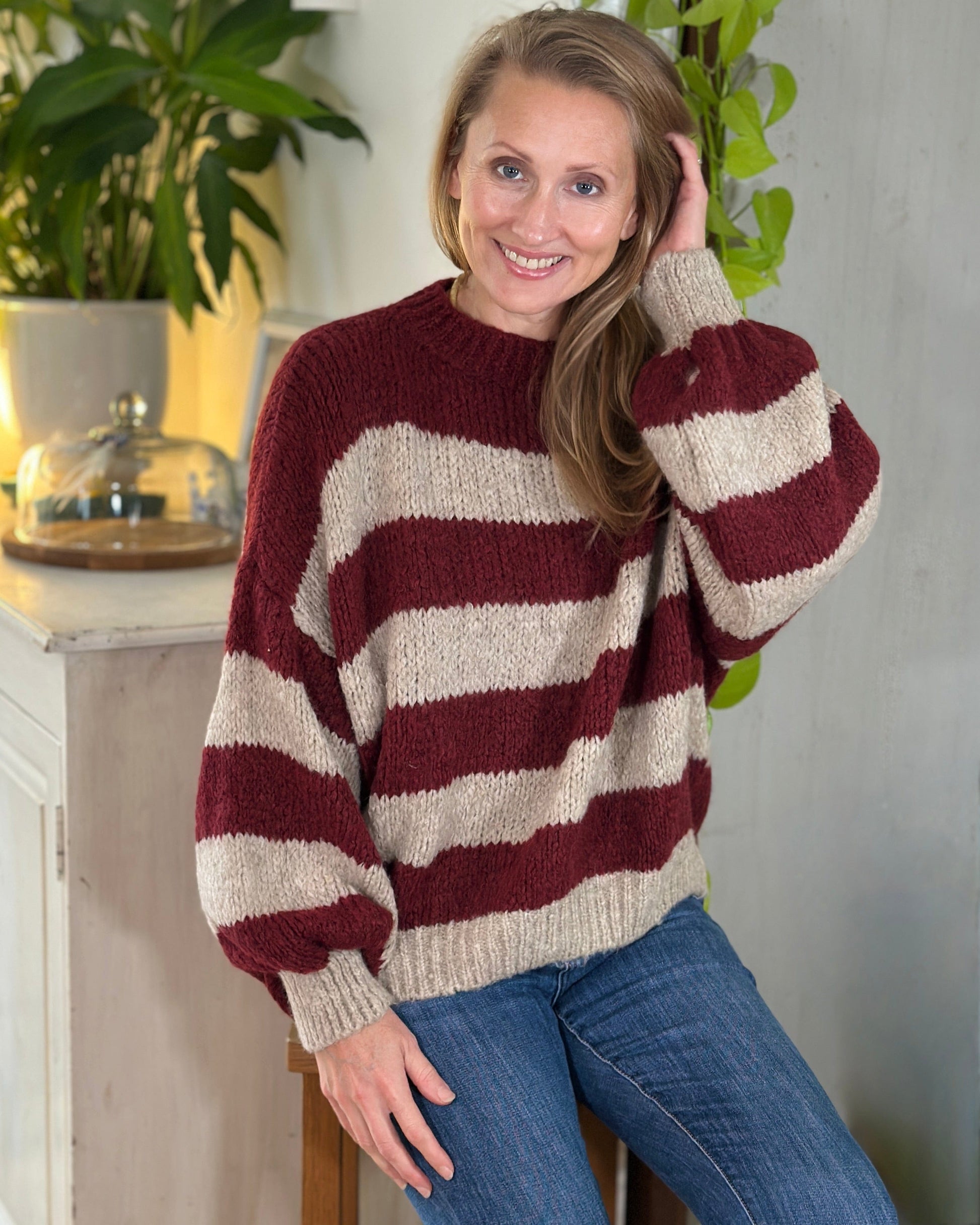 clothing Chunky Knit Striped Jumper - Burgundy/Oatmeal