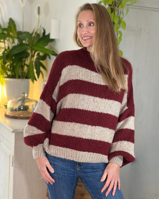 clothing Chunky Knit Striped Jumper - Burgundy/Oatmeal