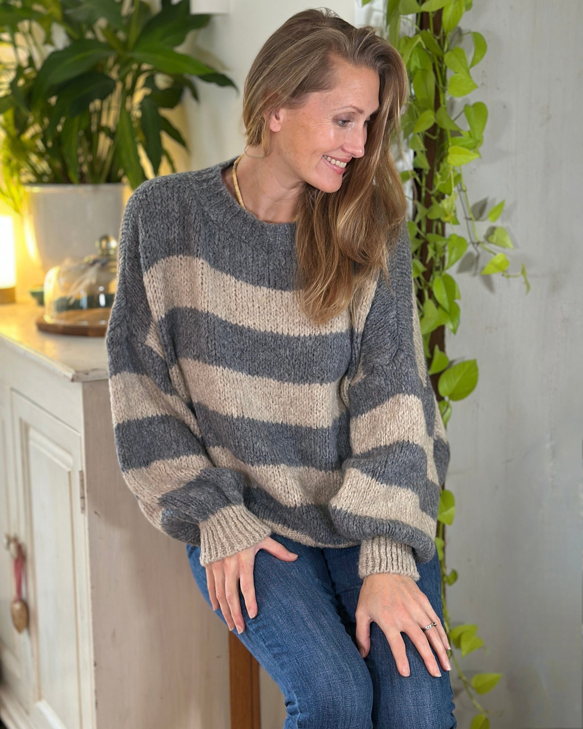 clothing Chunky Knit Striped Jumper - Grey/Oatmeal