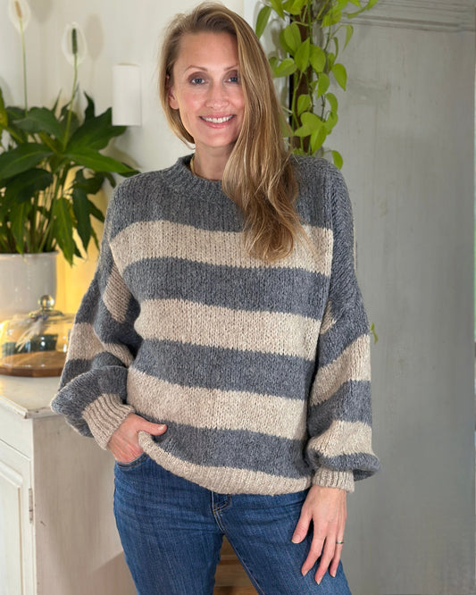 clothing Chunky Knit Striped Jumper - Grey/Oatmeal