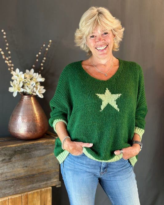 clothing Chunky Knit V-Neck Star Jumper - Green With Pale Green