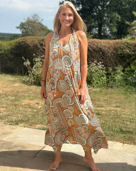 Clothing Cold Silk Halterneck Print Dress - Orange