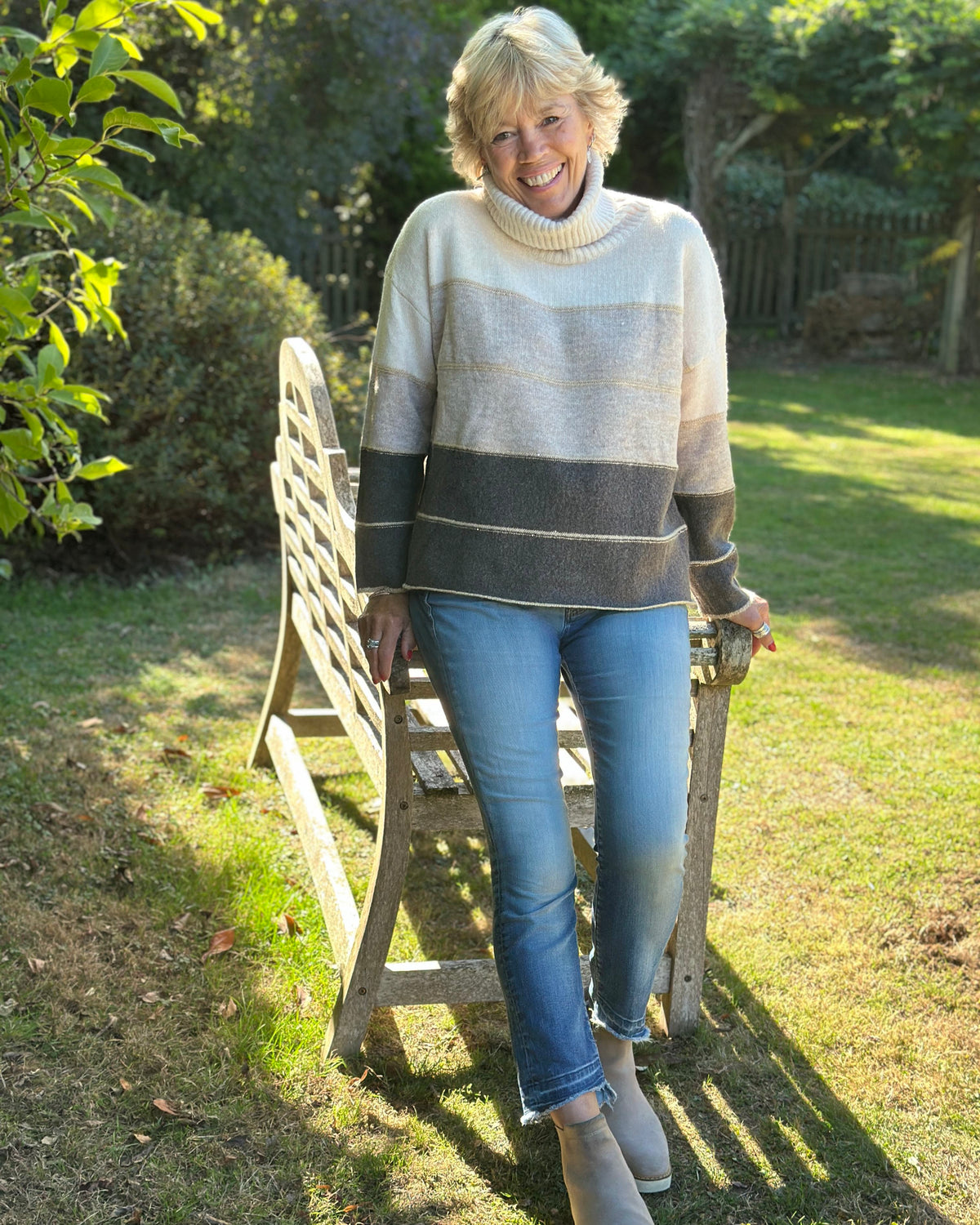 Clothing Colour Block Roll Neck Jumper - Brown/Beige