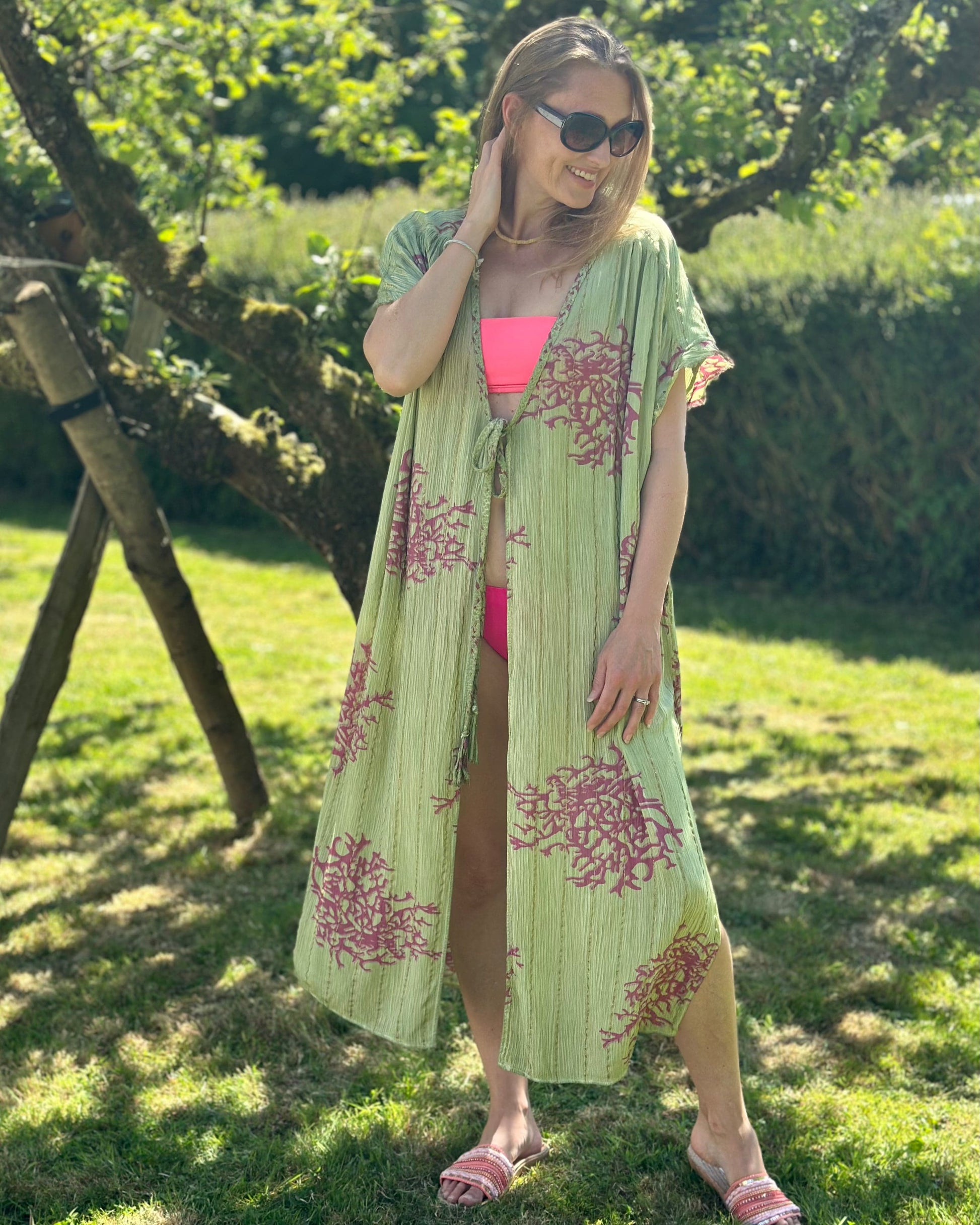Clothing Coral Print Kimono -Green/Pink