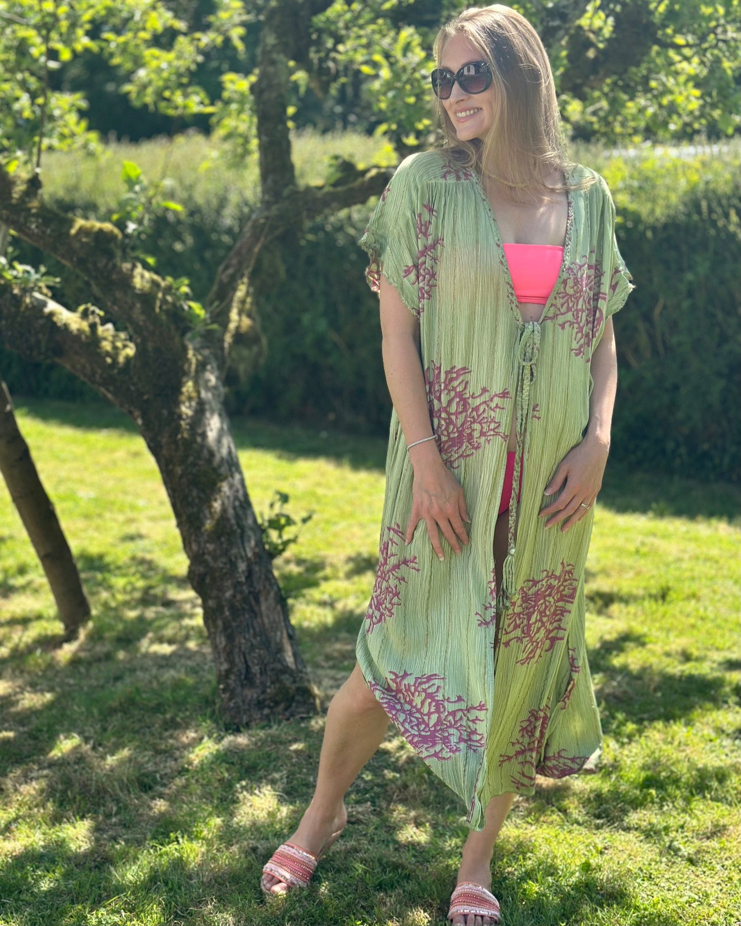 Clothing Coral Print Kimono -Green/Pink