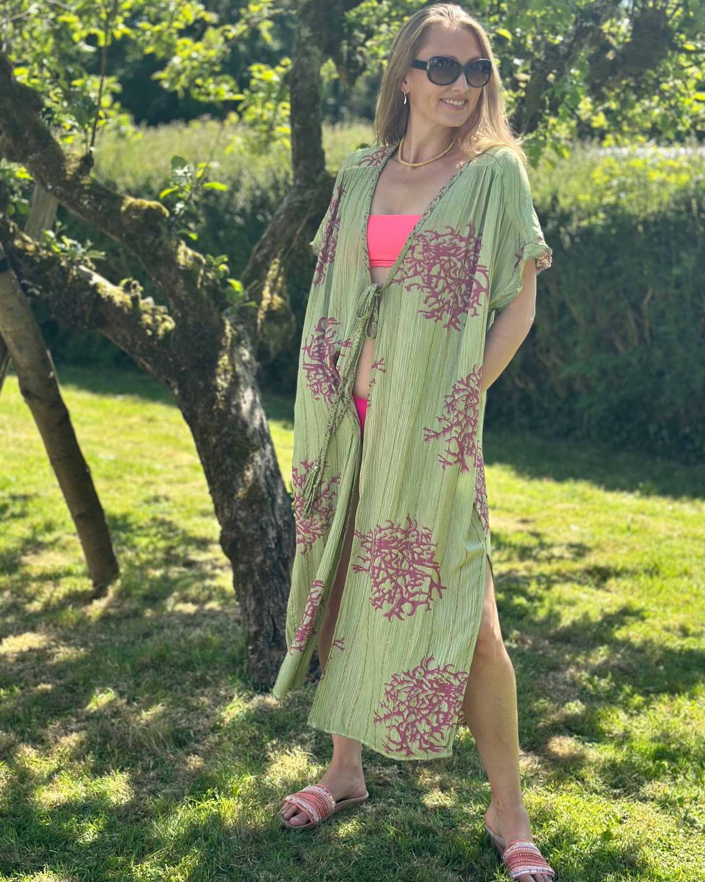 Clothing Coral Print Kimono -Green/Pink