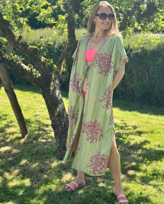 Clothing Coral Print Kimono -Green/Pink