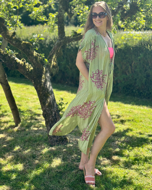 Clothing Coral Print Kimono -Green/Pink