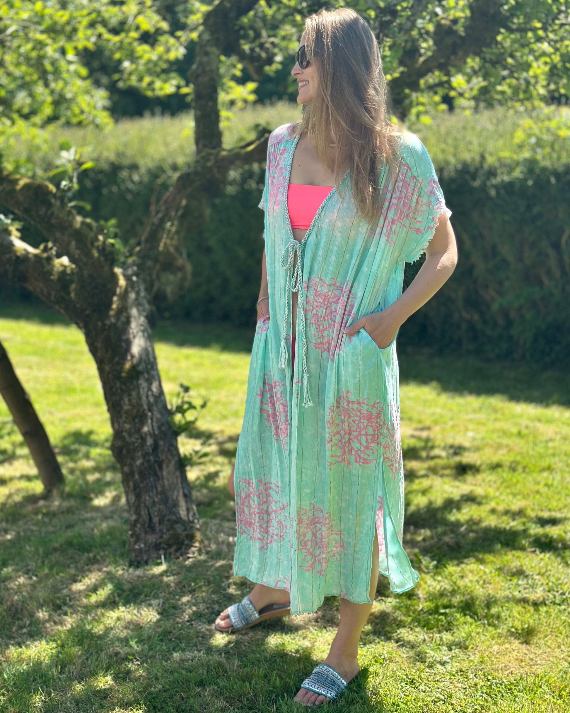 Clothing Coral Print Kimono - Turquoise/Pink