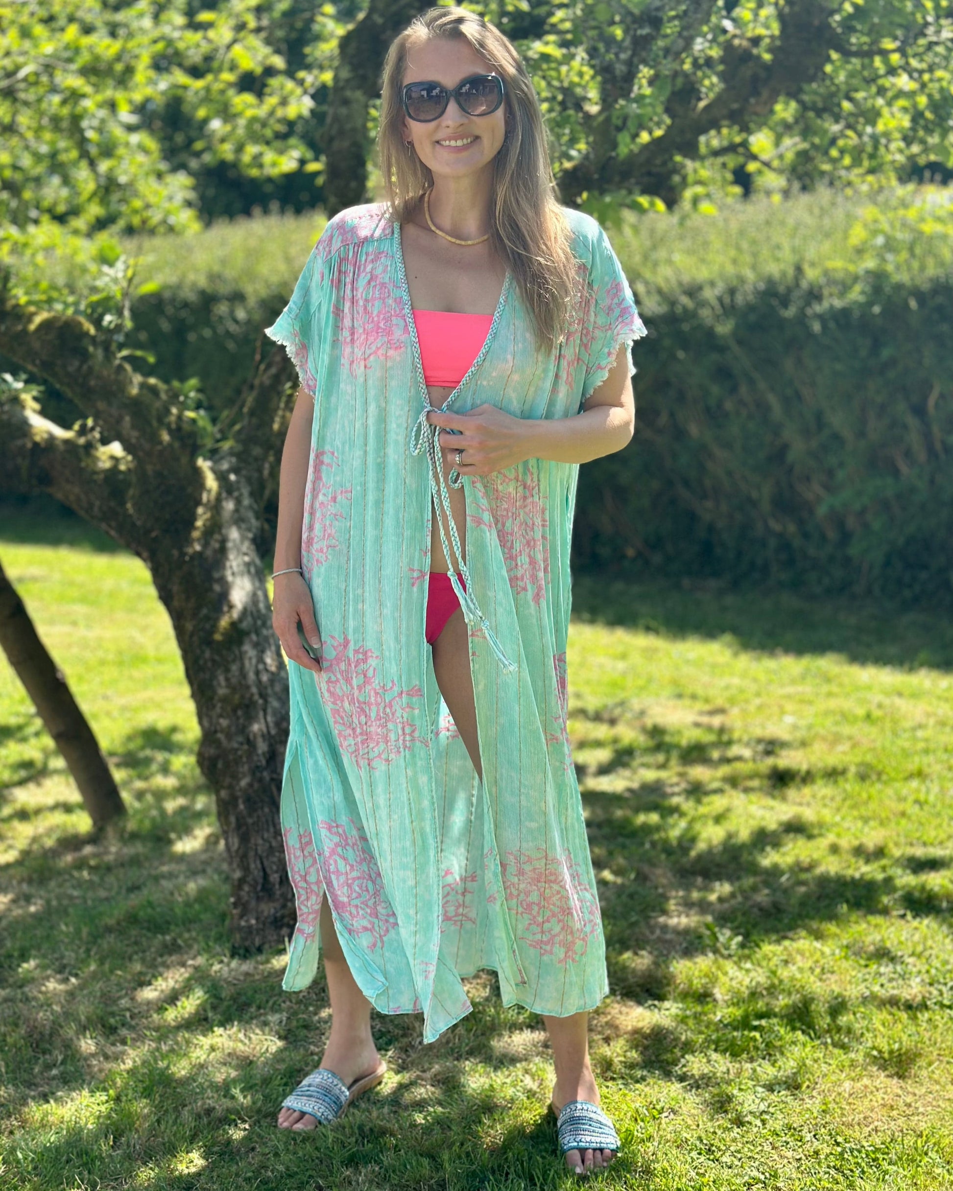 Clothing Coral Print Kimono - Turquoise/Pink