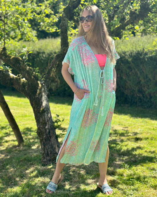 Clothing Coral Print Kimono - Turquoise/Pink