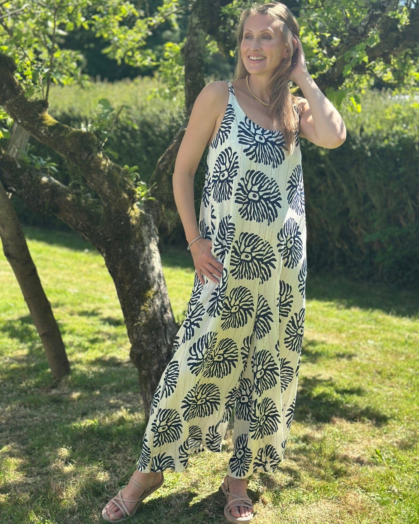 Clothing Coral Print Strap Jumpsuit - Navy/Cream