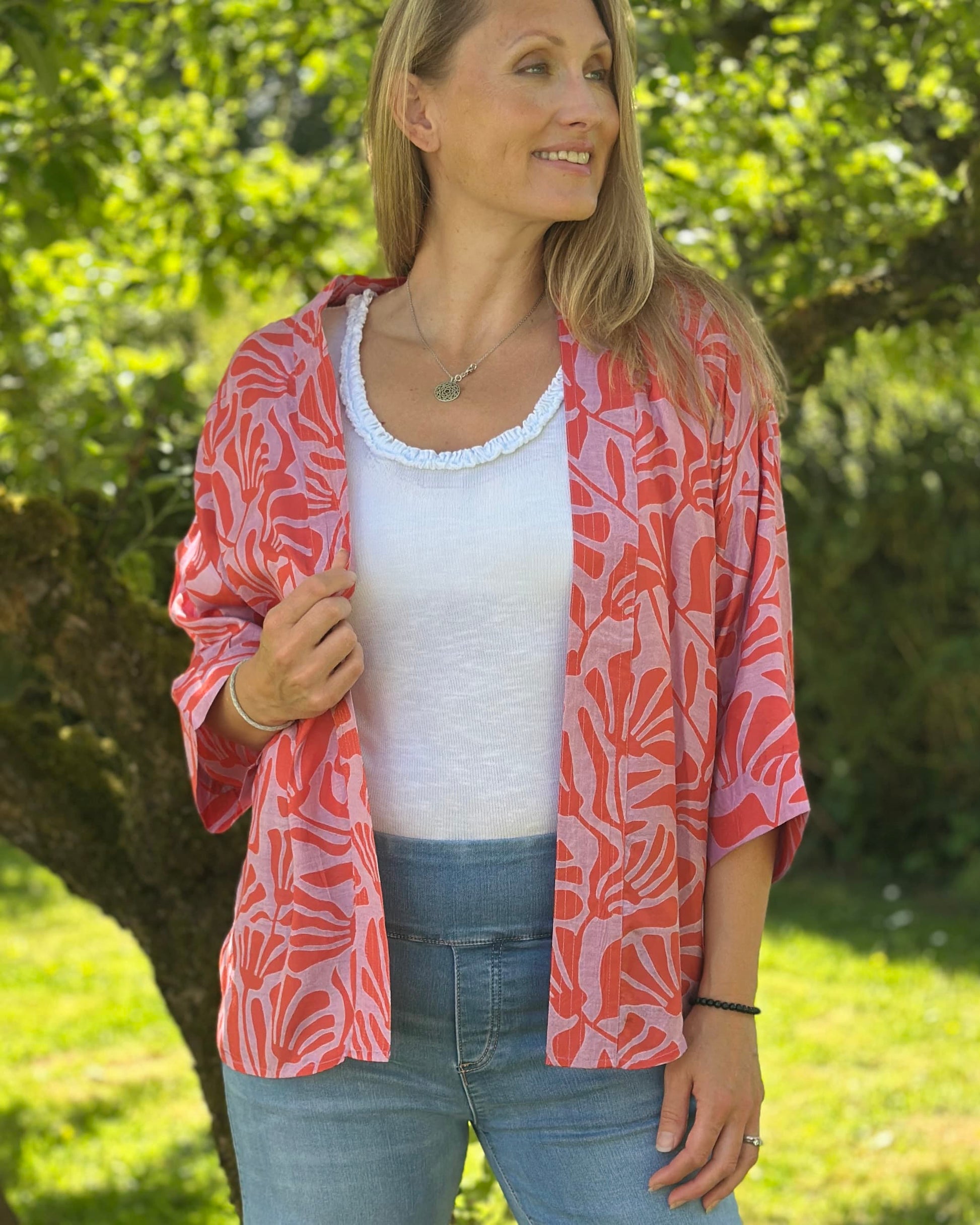 Clothing Coral Red/Pink Silhouette Print Modal Kimono