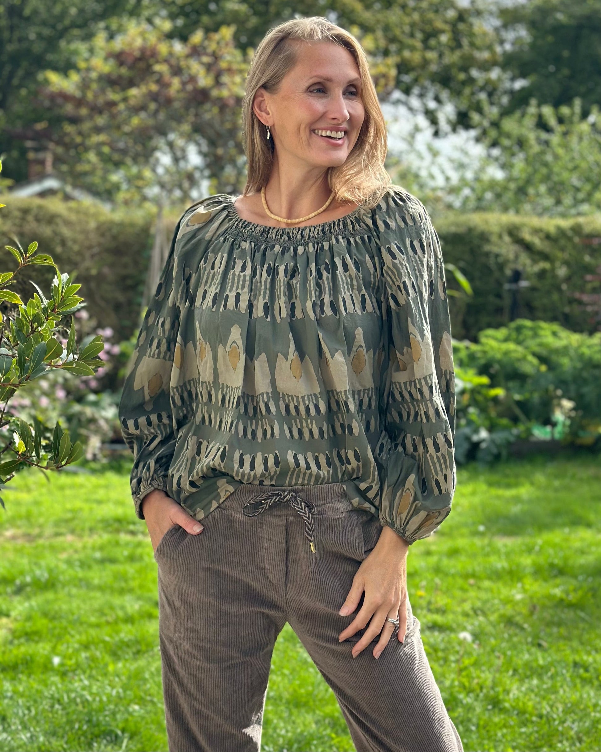 Clothing Cotton Patterned Blouse - Khaki