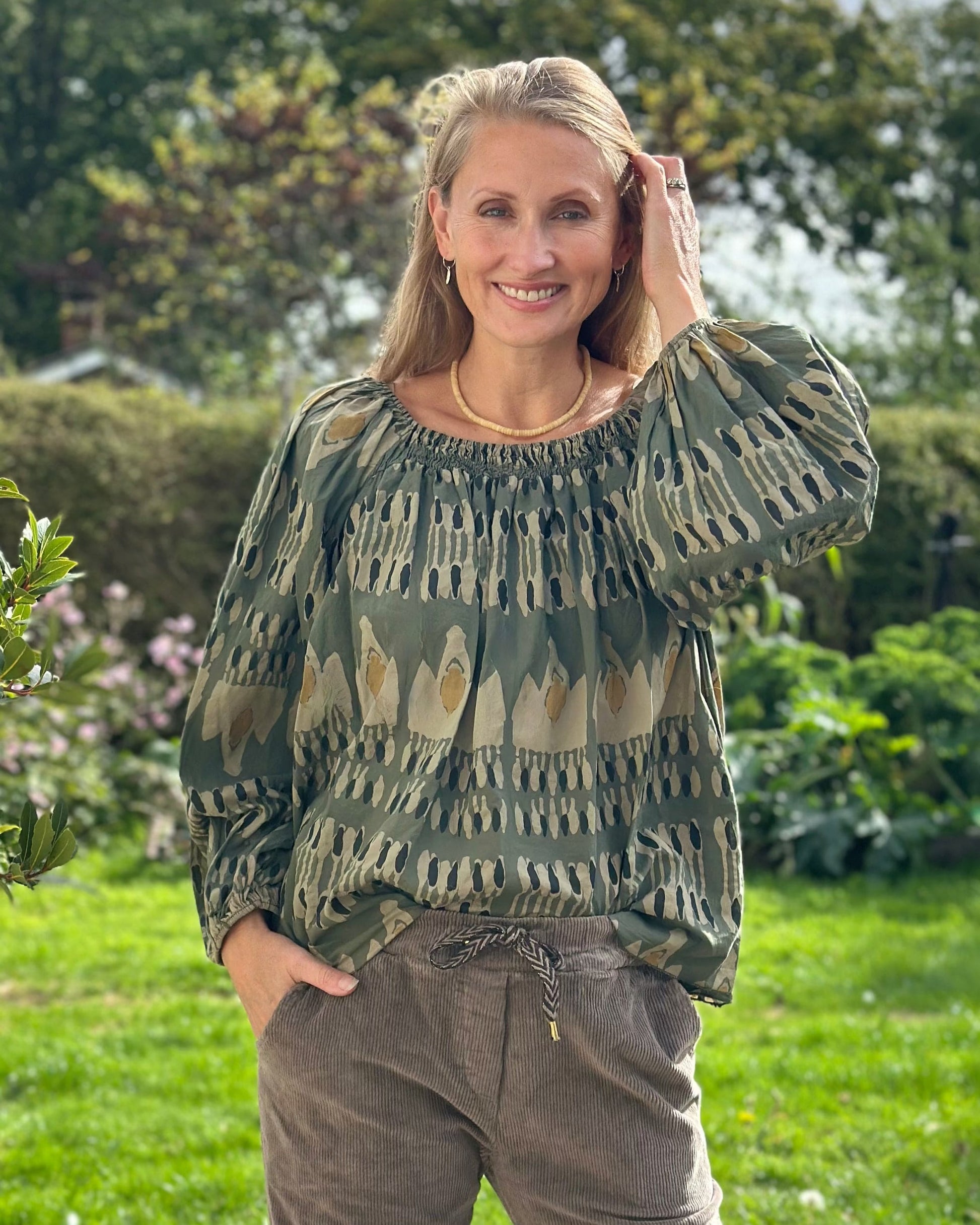 Clothing Cotton Patterned Blouse - Khaki